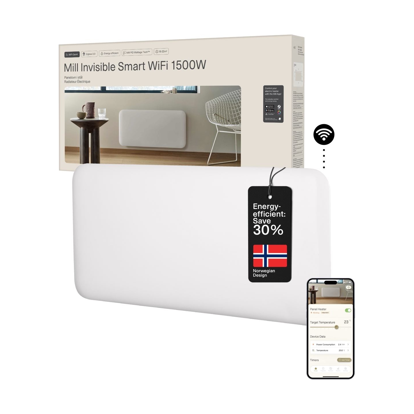 Mill Invisible Smart WiFi Heater | PA1500WIFI4 | Panel Heater | 1500 W | Suitable for rooms up to 18-22 m² | White | IPX4