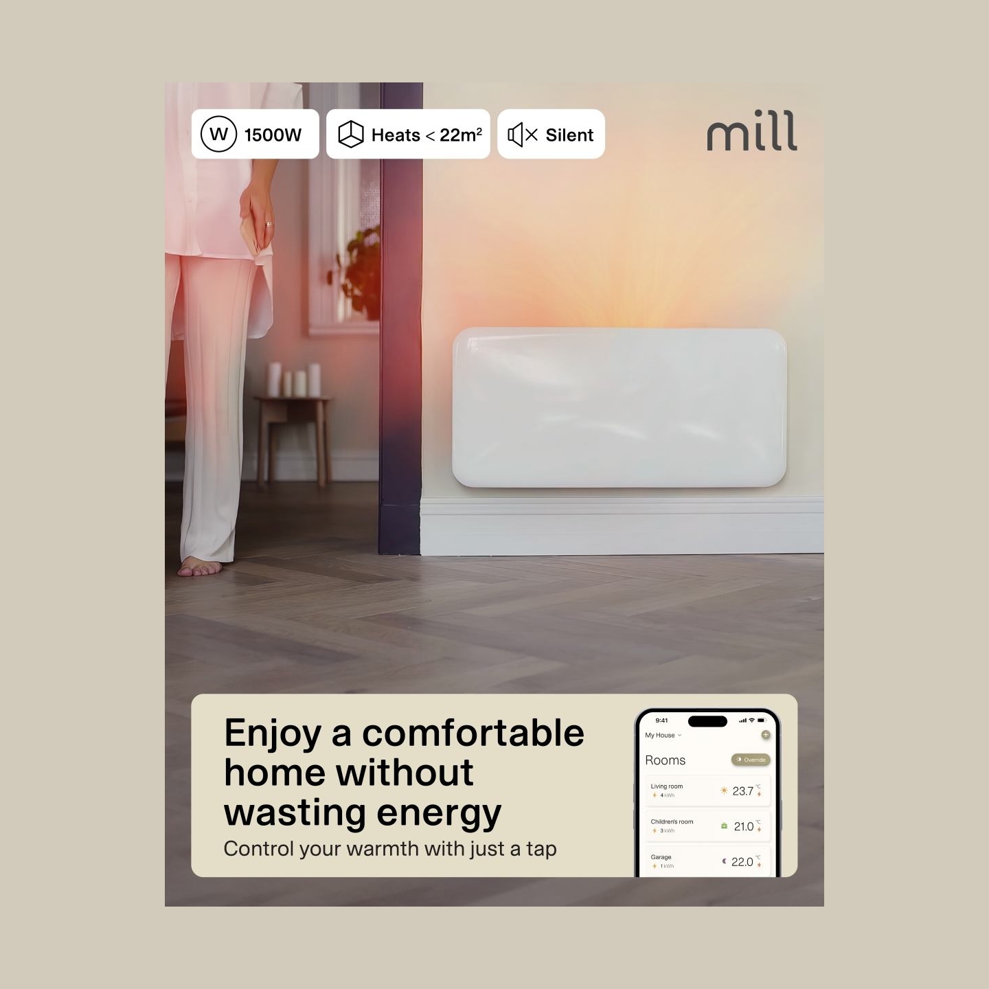 Mill Invisible Smart WiFi Heater | PA1500WIFI4 | Panel Heater | 1500 W | Suitable for rooms up to 18-22 m² | White | IPX4