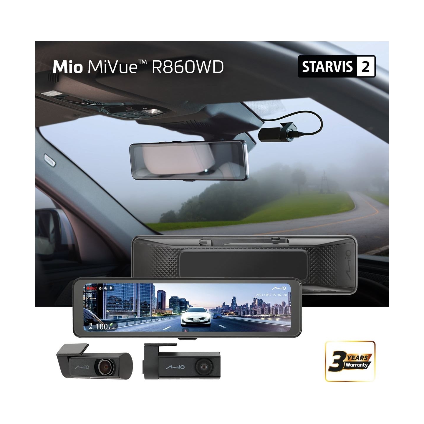 MIO MiVue R860WD, Dash Cam | GPS | Wi-Fi | Front and rear cams synchronized for recording with an unobstructed view; 11.26" IPS 