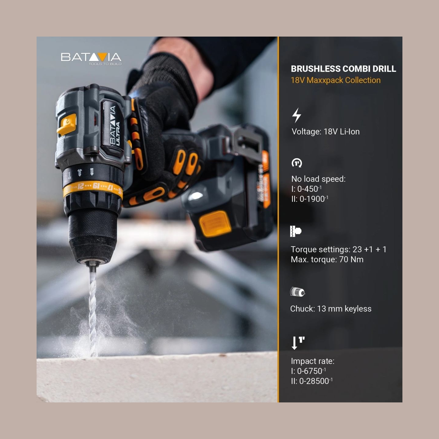 Batavia B.v. 18V Cordless Brushless Combi Drill 70 Nm, Without Battery and Charger