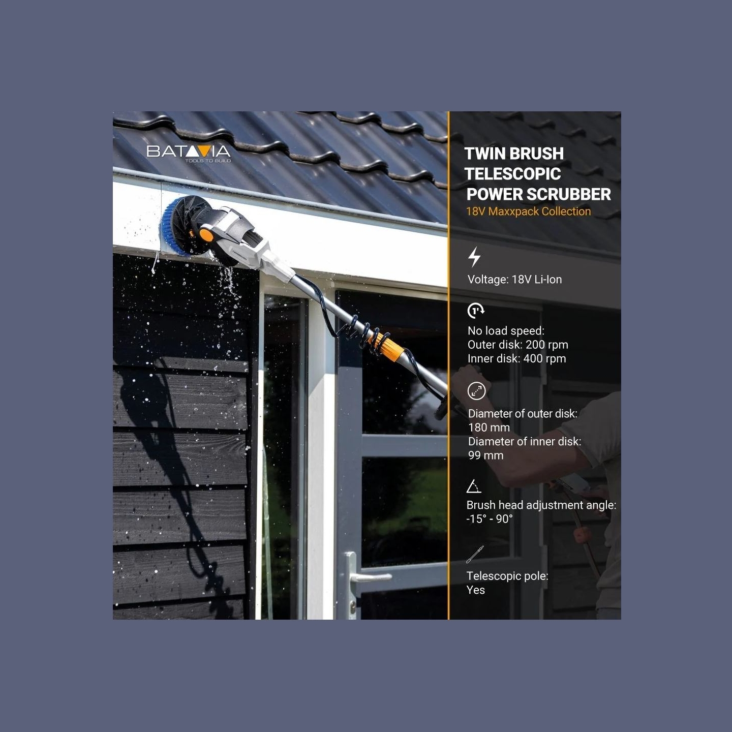 Batavia B.v. | 18V Twin Brush - Cordless Brushless Telescopic Power Scrubber, Without Battery and Charger | IPX7