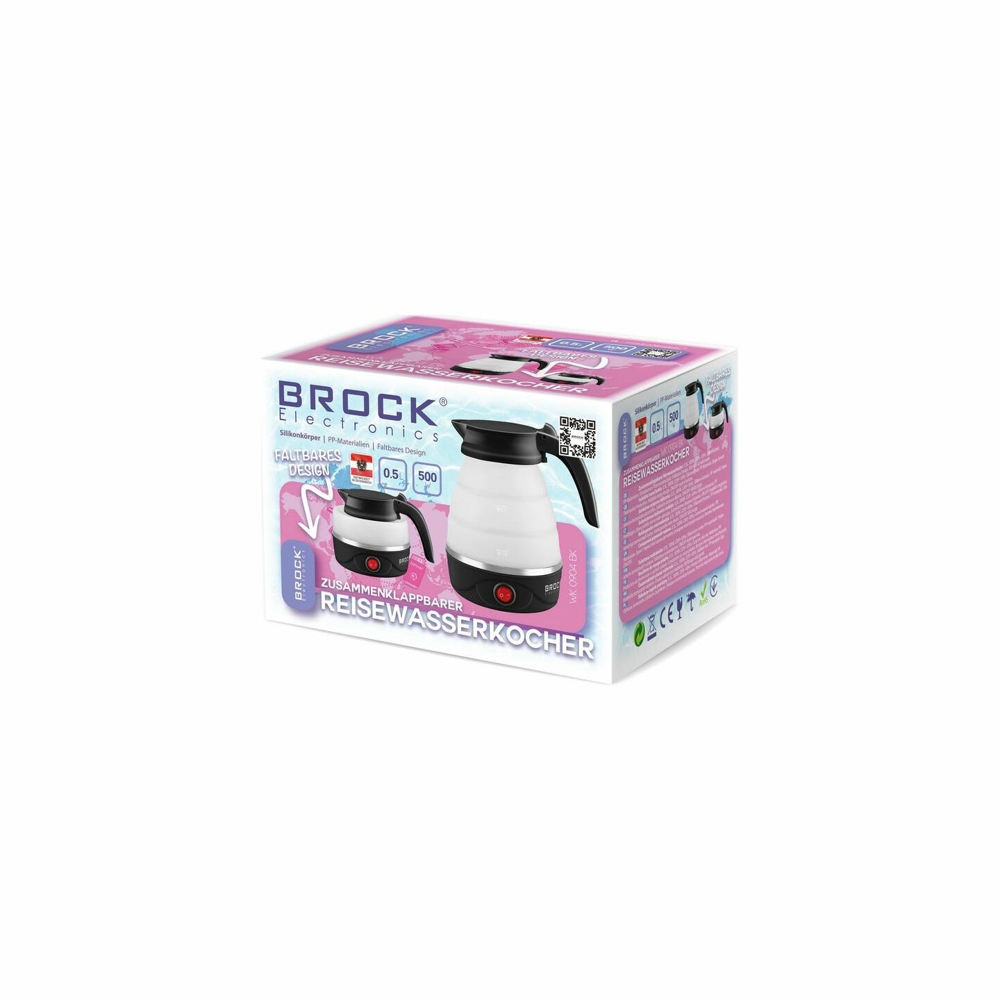 Brock WK 0904 BK Foldable Travel Kettle 0,5L 500W, Black/White