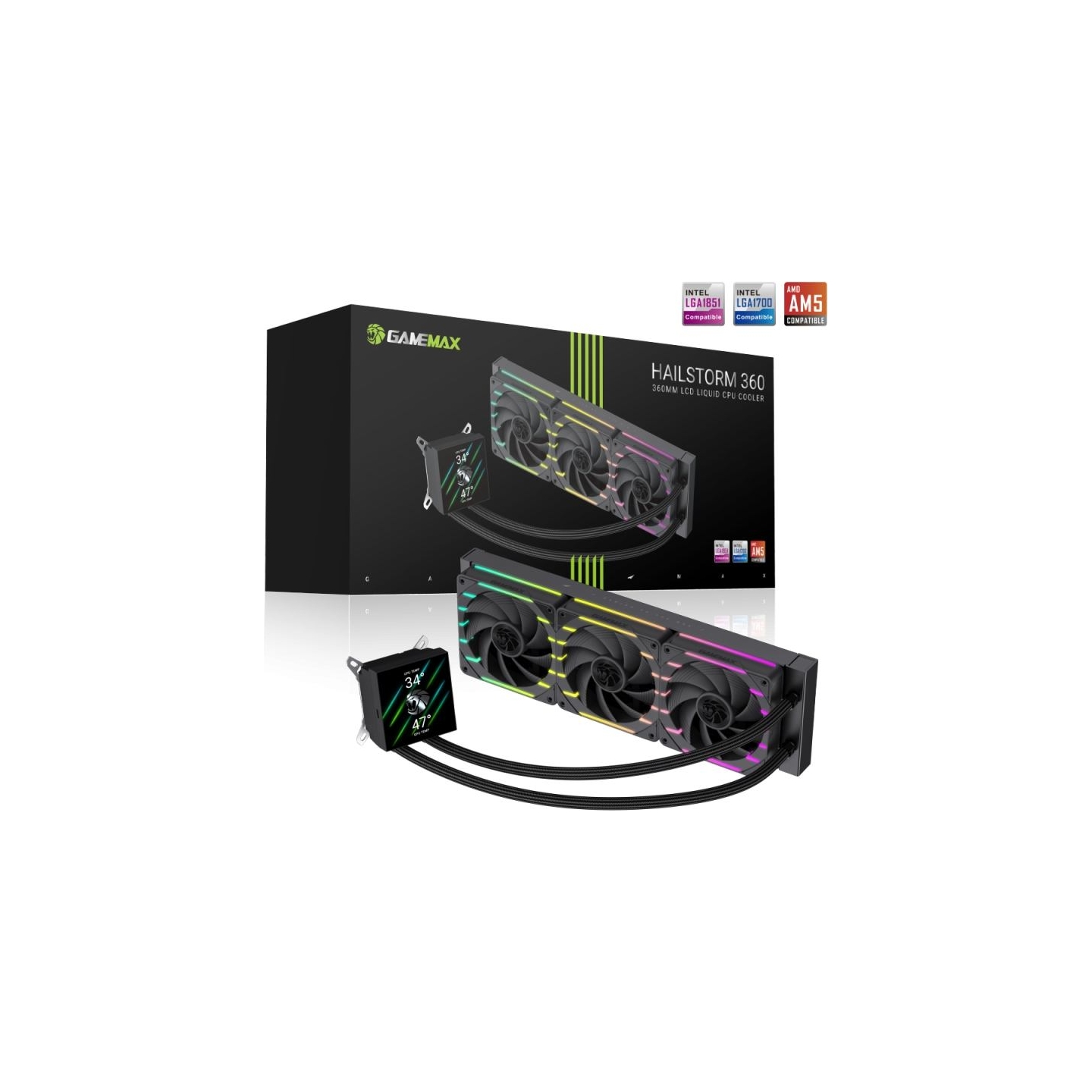Gamemax CPU Liquid Cooler | HAILSTORM 360 LCD BK | Black