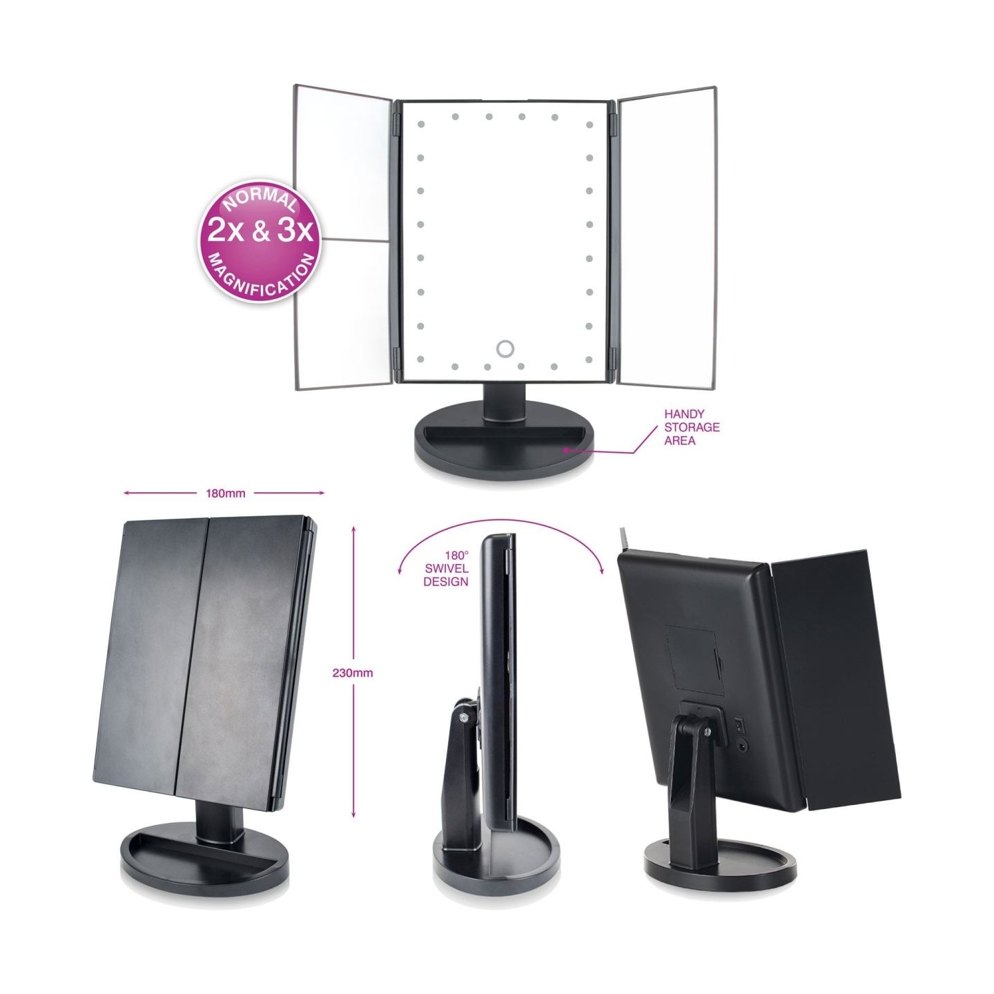 RIO MMFD-EU/1,6 24 LED Touch Dimmable Makeup Mirror, Black