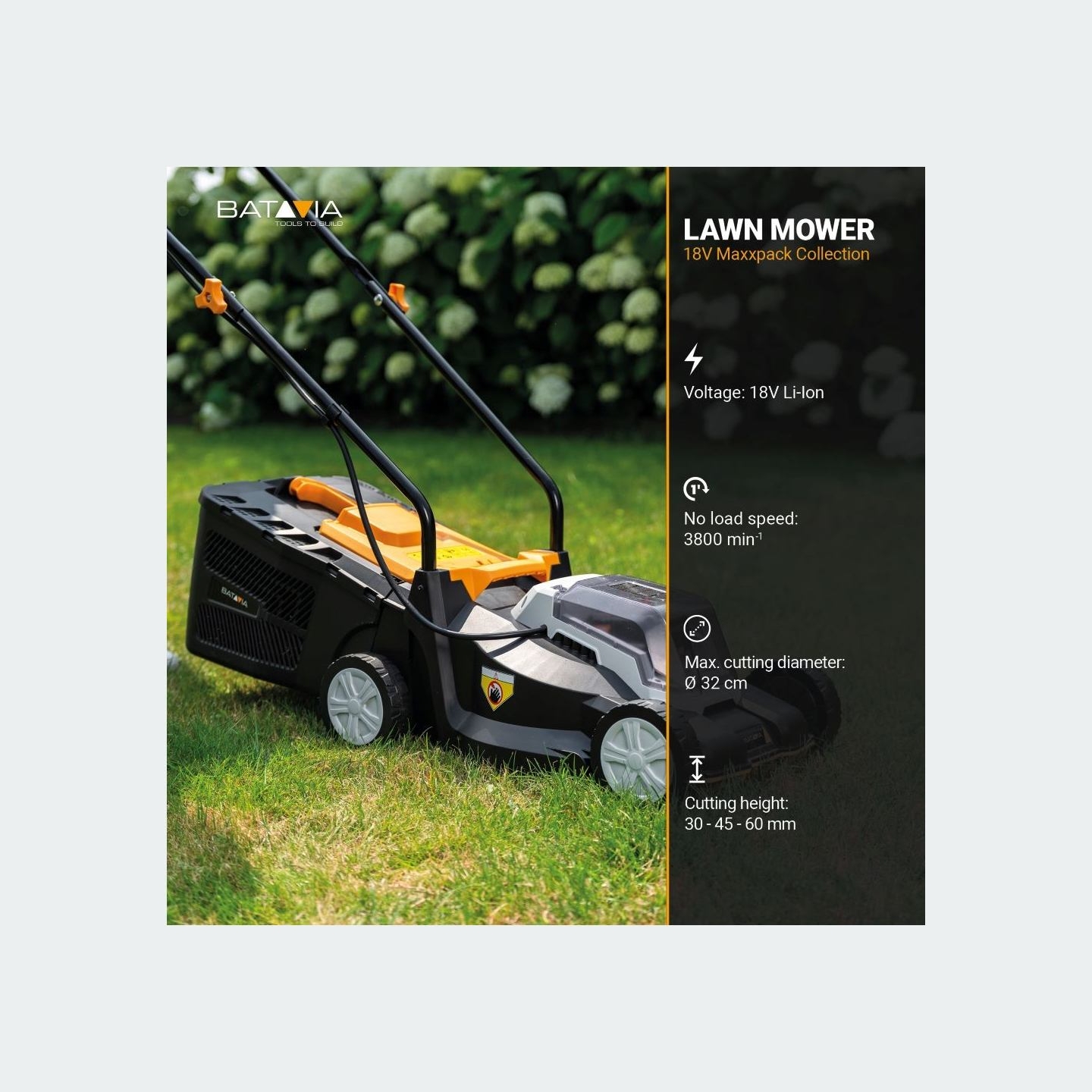 Batavia B.v. 18V Cordless Lawn Mower, 32 cm, Without battery and charger | Mowing Area 200 m²