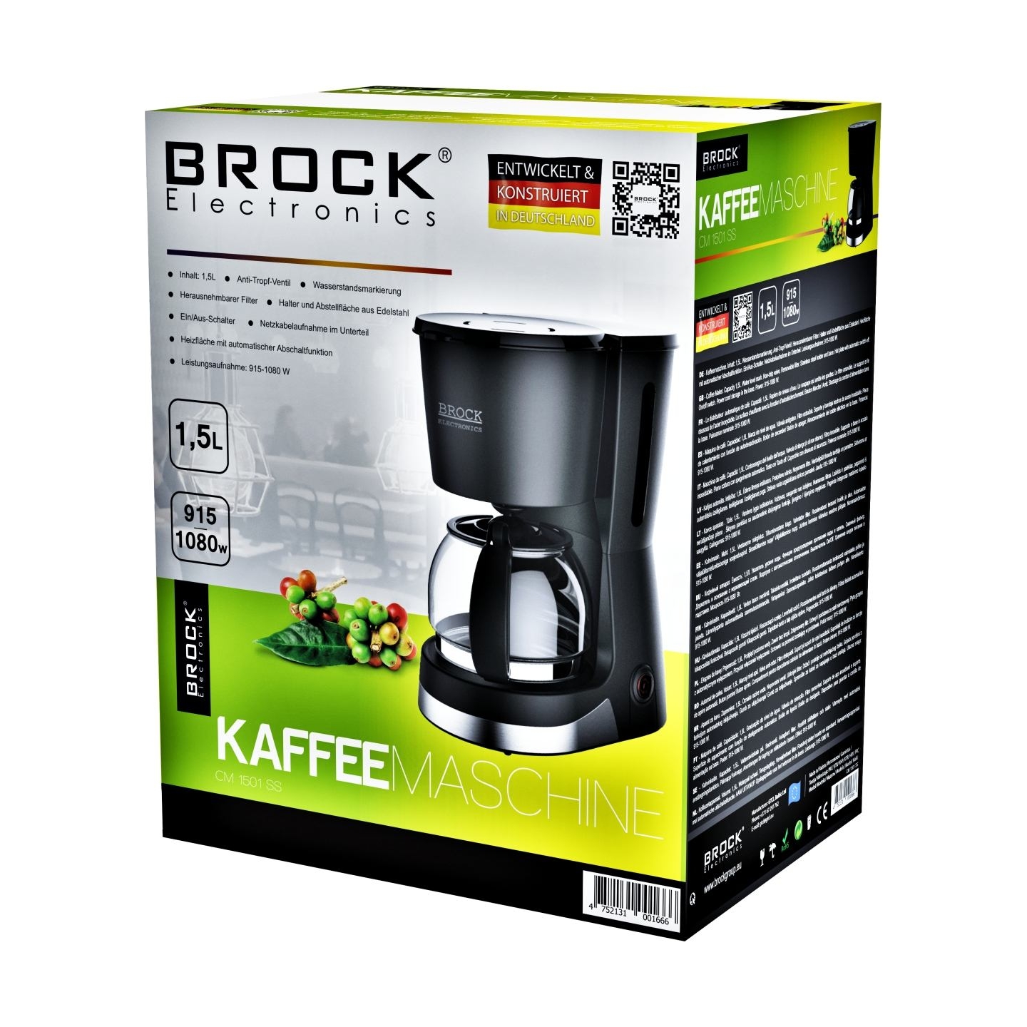 Brock CM 1501 SS Coffe Maker Capacity 1,5L 915-1080W, Black