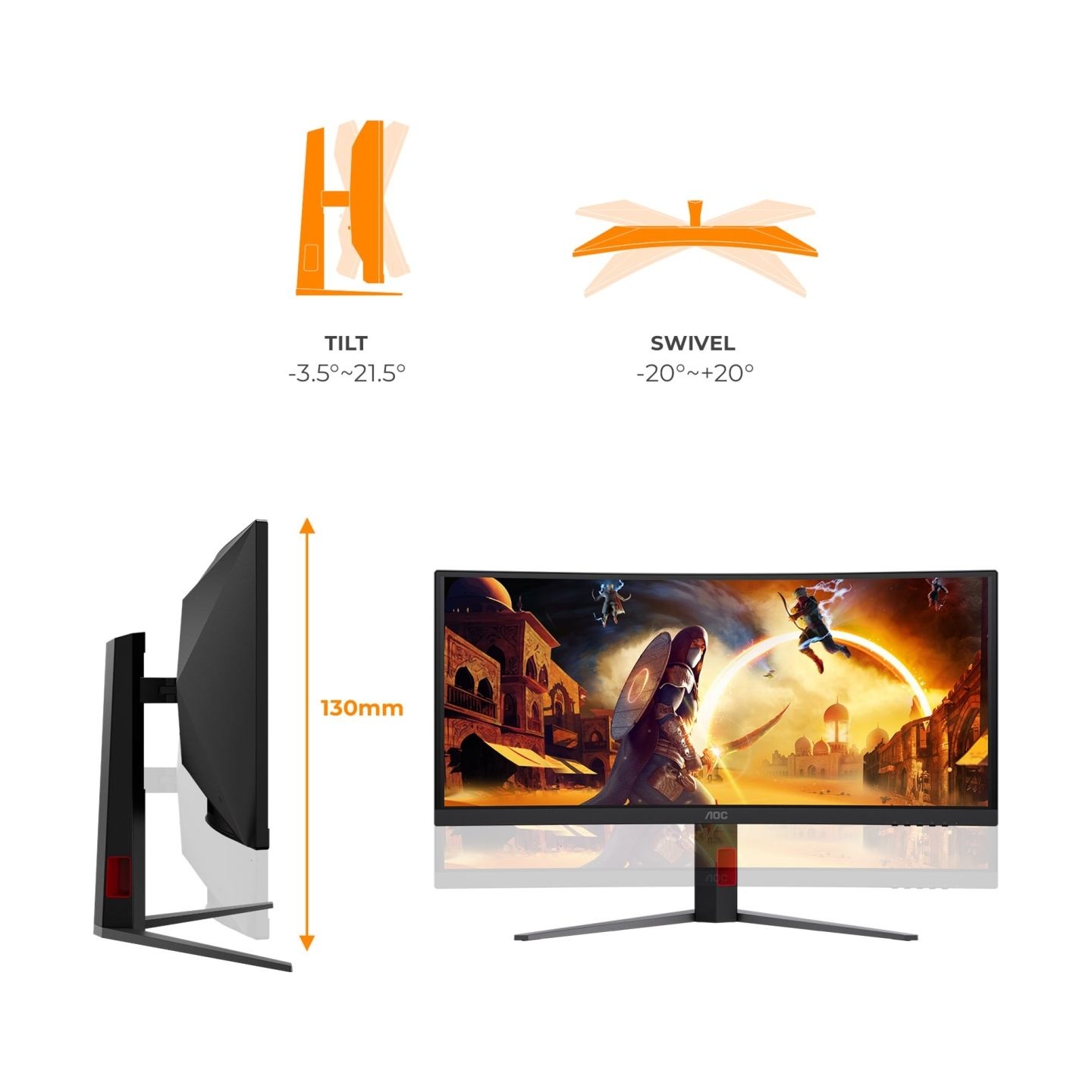 AOC CU34G4CA | 34 " | Fast VA | WQHD | 21:9 | 180 Hz | 1 ms | 3440 x 1440 pixels | 450 cd/m² | HDMI ports quantity 2 | Black