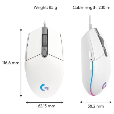 Logitech G203 LIGHTSYNC Corded Gaming Mouse - WHITE - USB