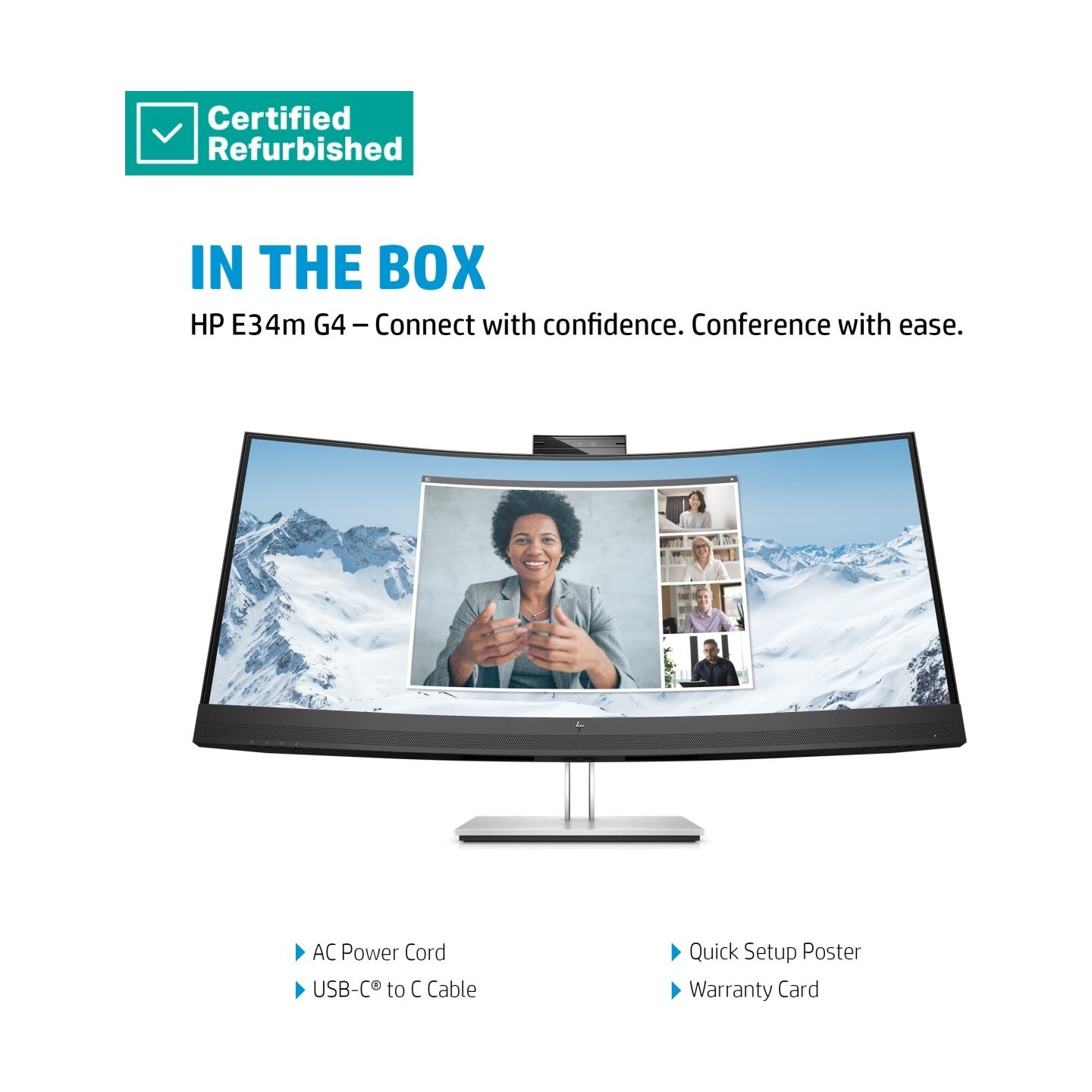 HP RENEW SILVER HP E34m G4 Curved Conferencing Monitor - 34" 3440x1440 WQHD 400-nit 75Hz AG, Curved, VA, USB-C(65W)/HDMI/Display