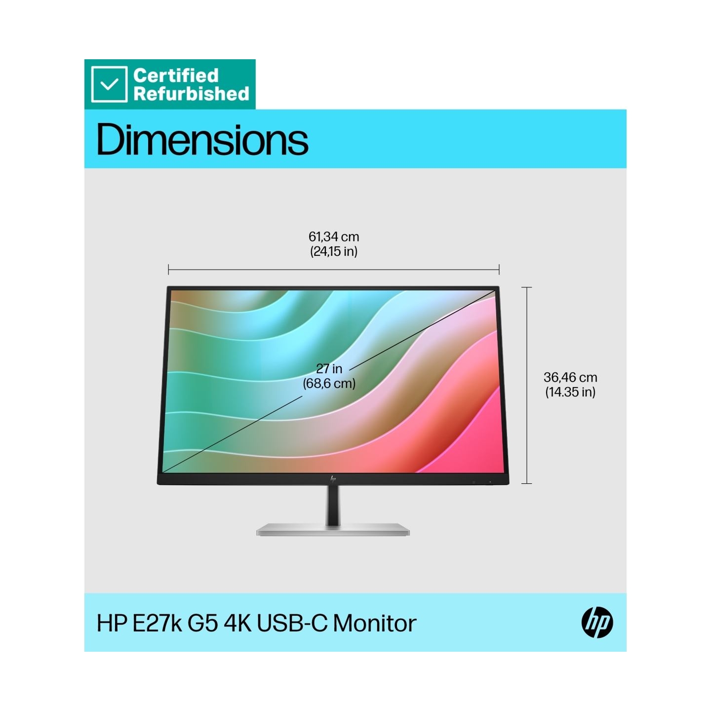 HP RENEW SILVER HP E27k G5 4K Charging Monitor - 27" 3840x2160 UHD 350-nit 60Hz AG, IPS, USB-C(65W)/USB-C(15W)/HDMI/DisplayPort,