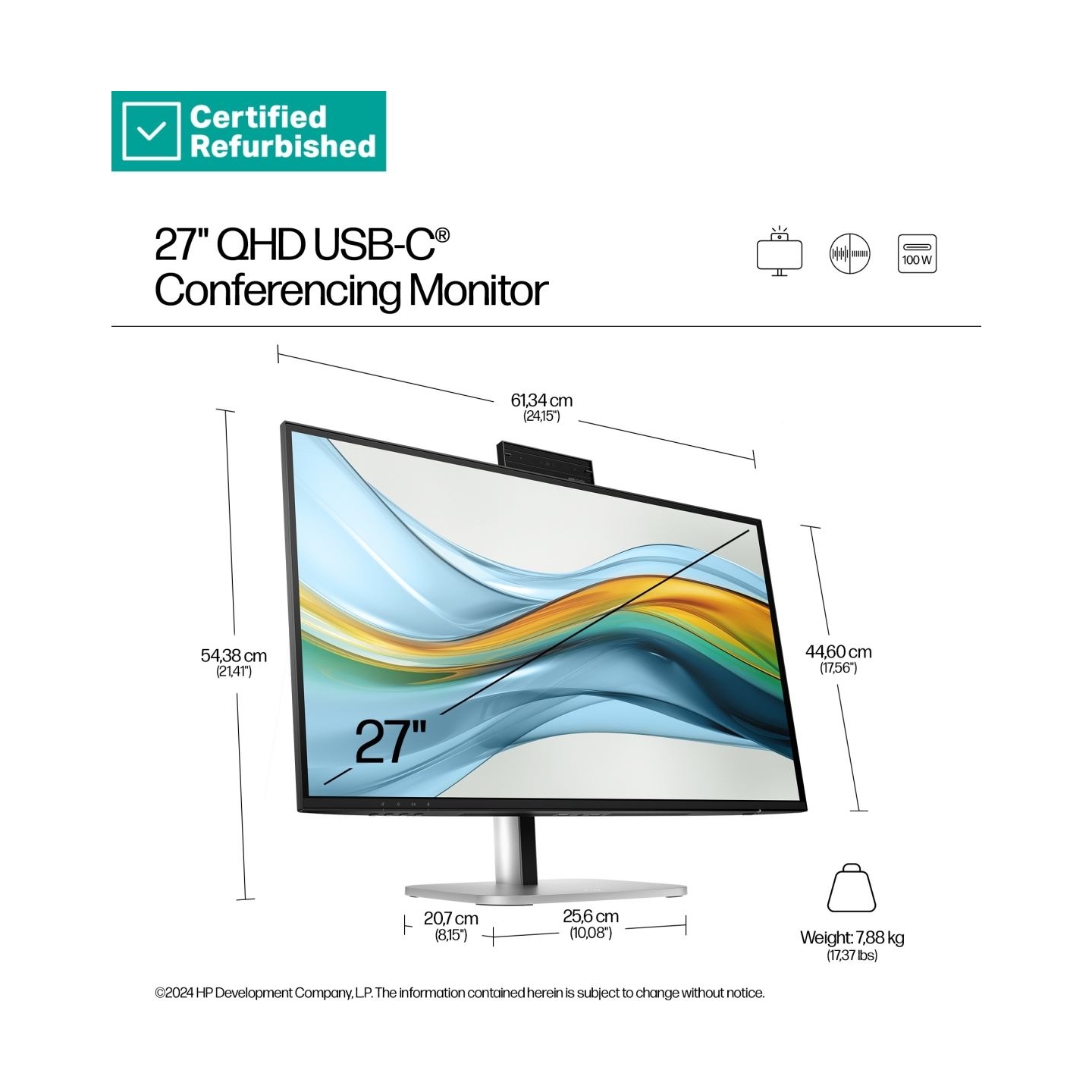 HP RENEW SILVER HP 527pm Series 5 Pro QHD Charging Monitor - 27" 2560x1440 QHD 350-nit 100Hz AG, IPS, USB-C(100W/15W)/HDMI/Displ