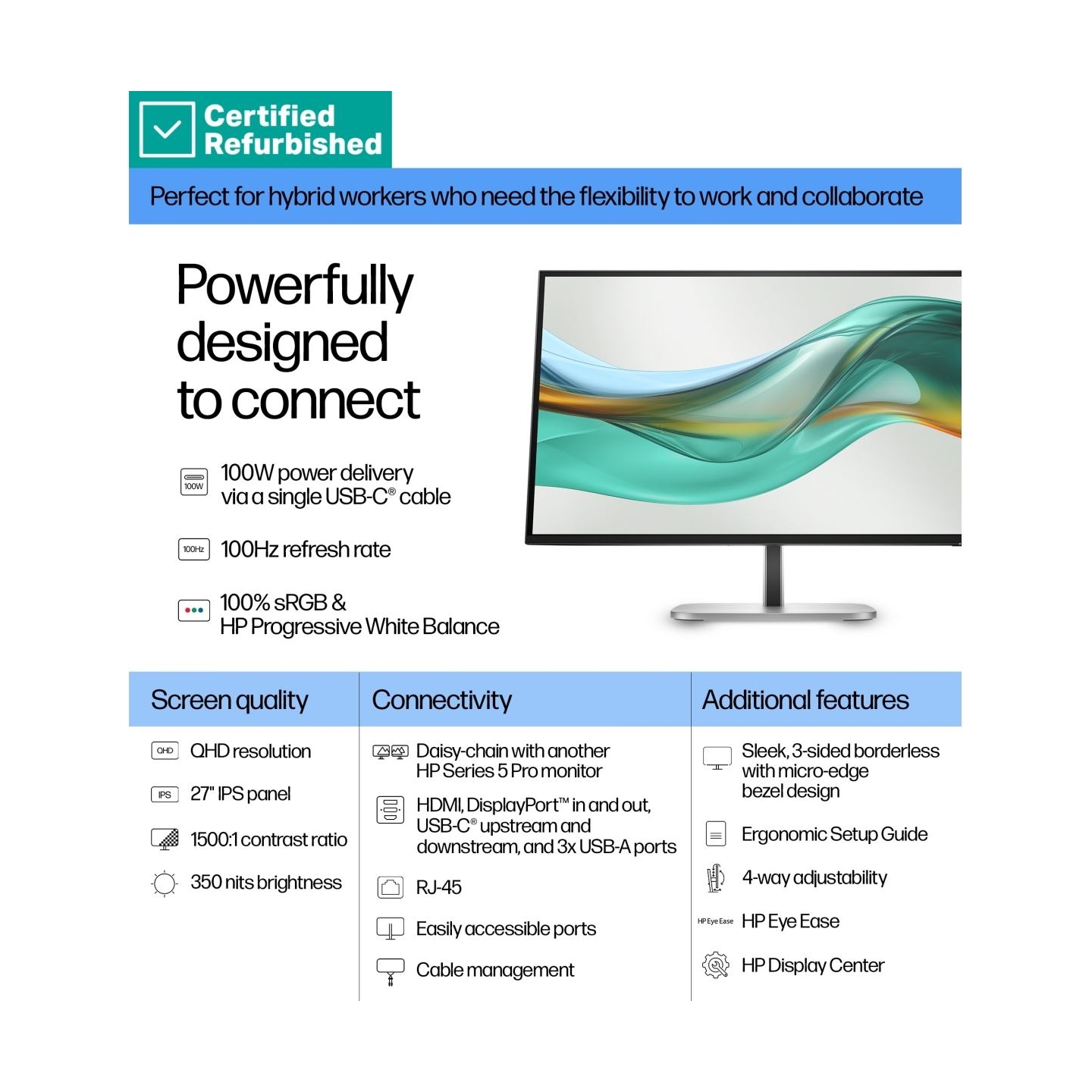 HP RENEW SILVER HP 527pu Series 5 Pro QHD Charging Monitor - 27" 2560x1440 QHD 350-nit 100Hz AG, IPS, USB-C(100W/15W)/HDMI/Displ