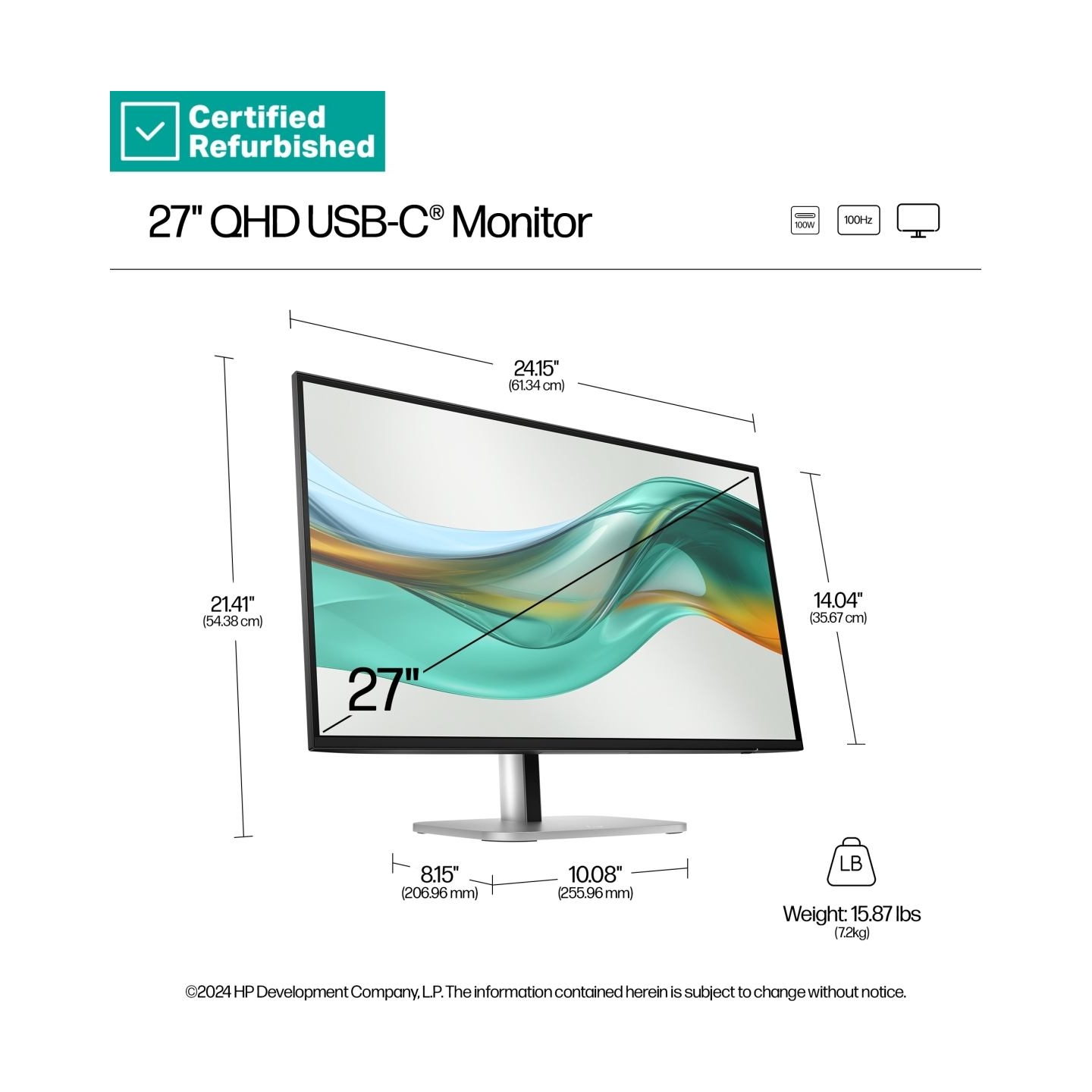 HP RENEW SILVER HP 527pu Series 5 Pro QHD Charging Monitor - 27" 2560x1440 QHD 350-nit 100Hz AG, IPS, USB-C(100W/15W)/HDMI/Displ
