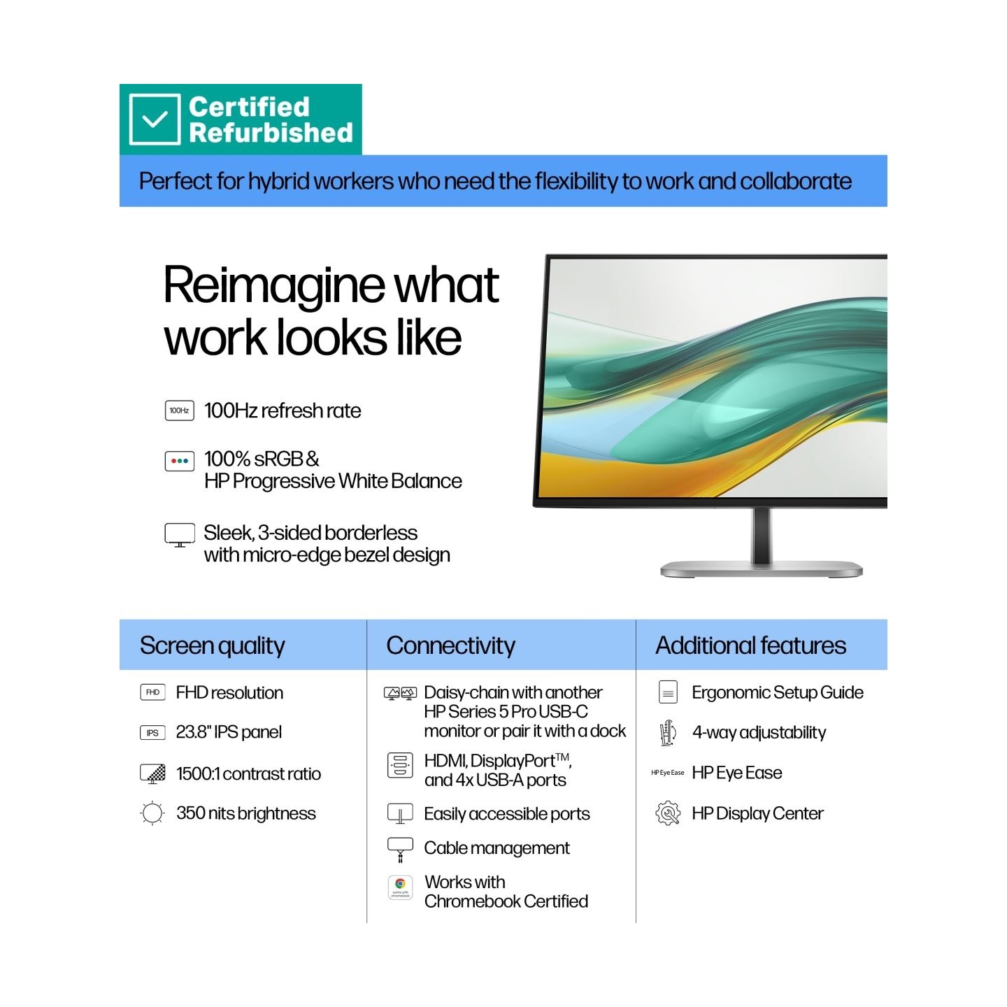 HP RENEW GOLD HP 524pf Series 5 Pro FHD Monitor - 23.8" 1920x1080 FHD 350-nit 100Hz AG, IPS, HDMI/DisplayPort, 4x USB-A, height 