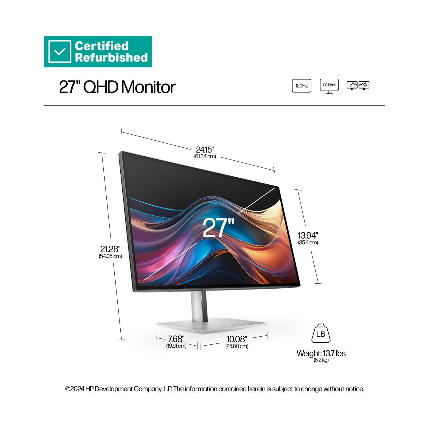 HP RENEW SILVER HP 727pq Series 7 Pro QHD Monitor - 27" 2560x1440 QHD 400-nit 120Hz AG, IPS Black HDR 400, USB-C(15W)/HDMI/Displ