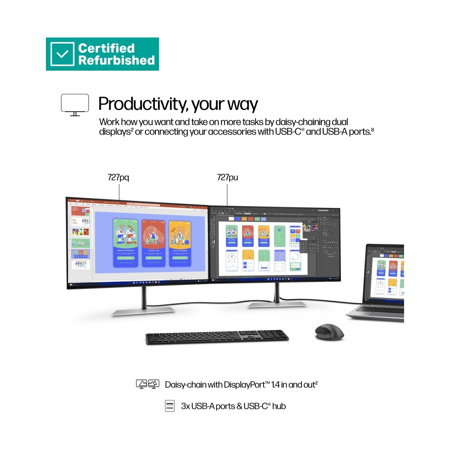 HP RENEW SILVER HP 727pq Series 7 Pro QHD Monitor - 27" 2560x1440 QHD 400-nit 120Hz AG, IPS Black HDR 400, USB-C(15W)/HDMI/Displ