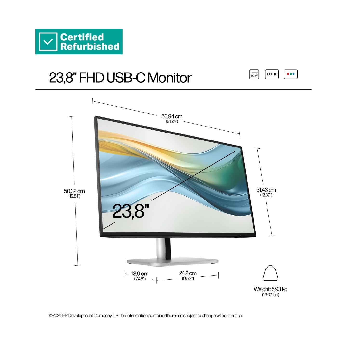 HP RENEW GOLD HP 524pu Series 5 Pro FHD Charging Monitor - 23.8" 1920x1080 FHD 350-nit 100Hz AG, IPS, USB-C(100W/15W)/HDMI/Displ