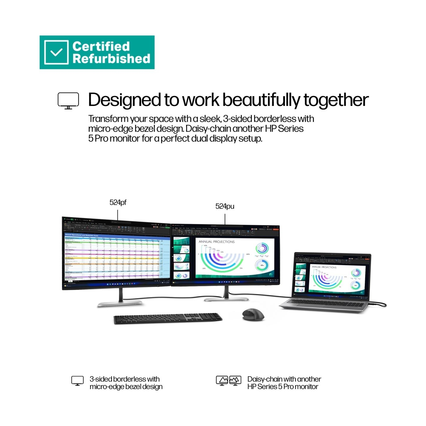 HP RENEW GOLD HP 524pu Series 5 Pro FHD Charging Monitor - 23.8" 1920x1080 FHD 350-nit 100Hz AG, IPS, USB-C(100W/15W)/HDMI/Displ