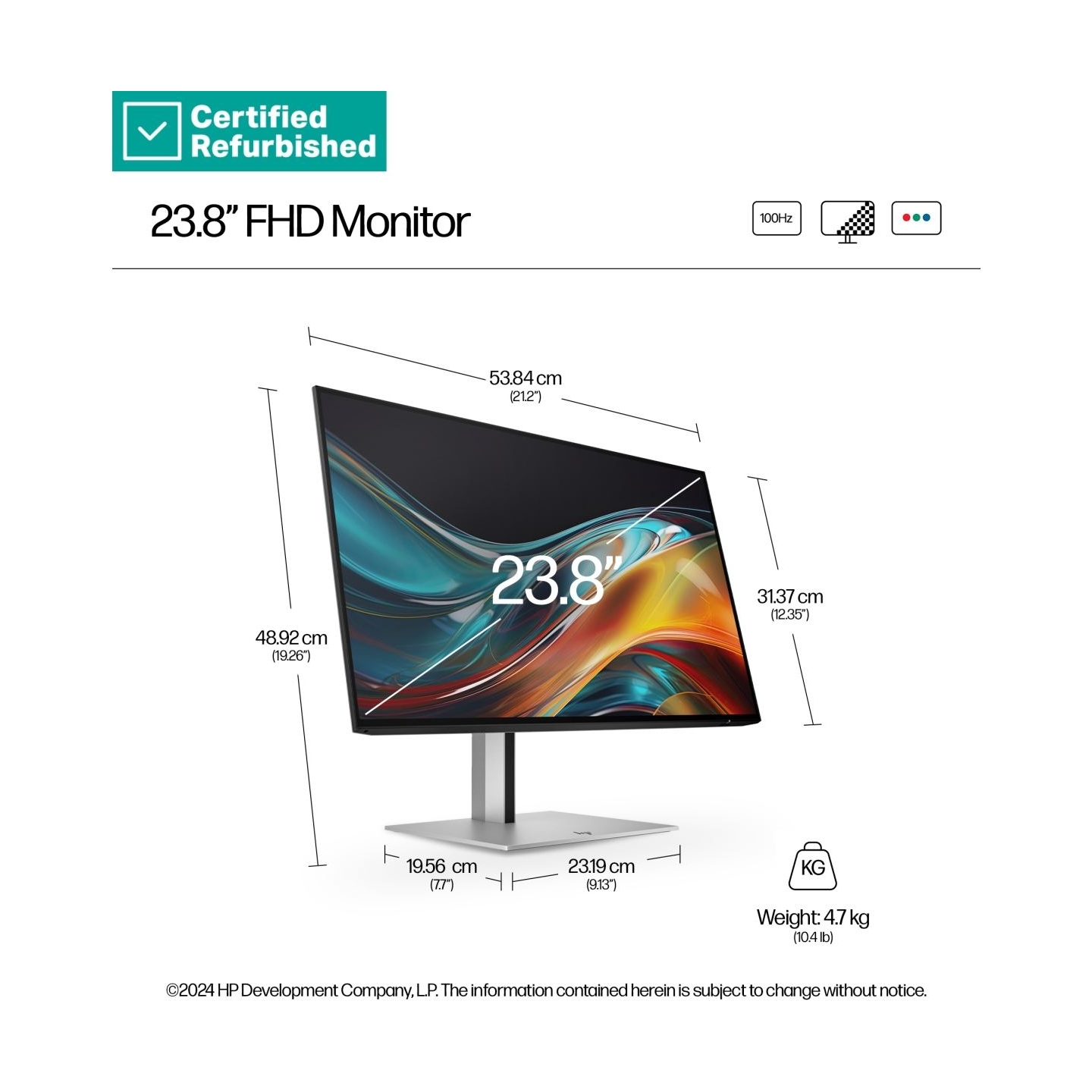 HP RENEW GOLD HP 724pf Series 7 Pro FHD Monitor - 23.8" 1920x1080 FHD 300-nit 100Hz AG, IPS, HDMI/DisplayPort/DisplayPort-out, 4