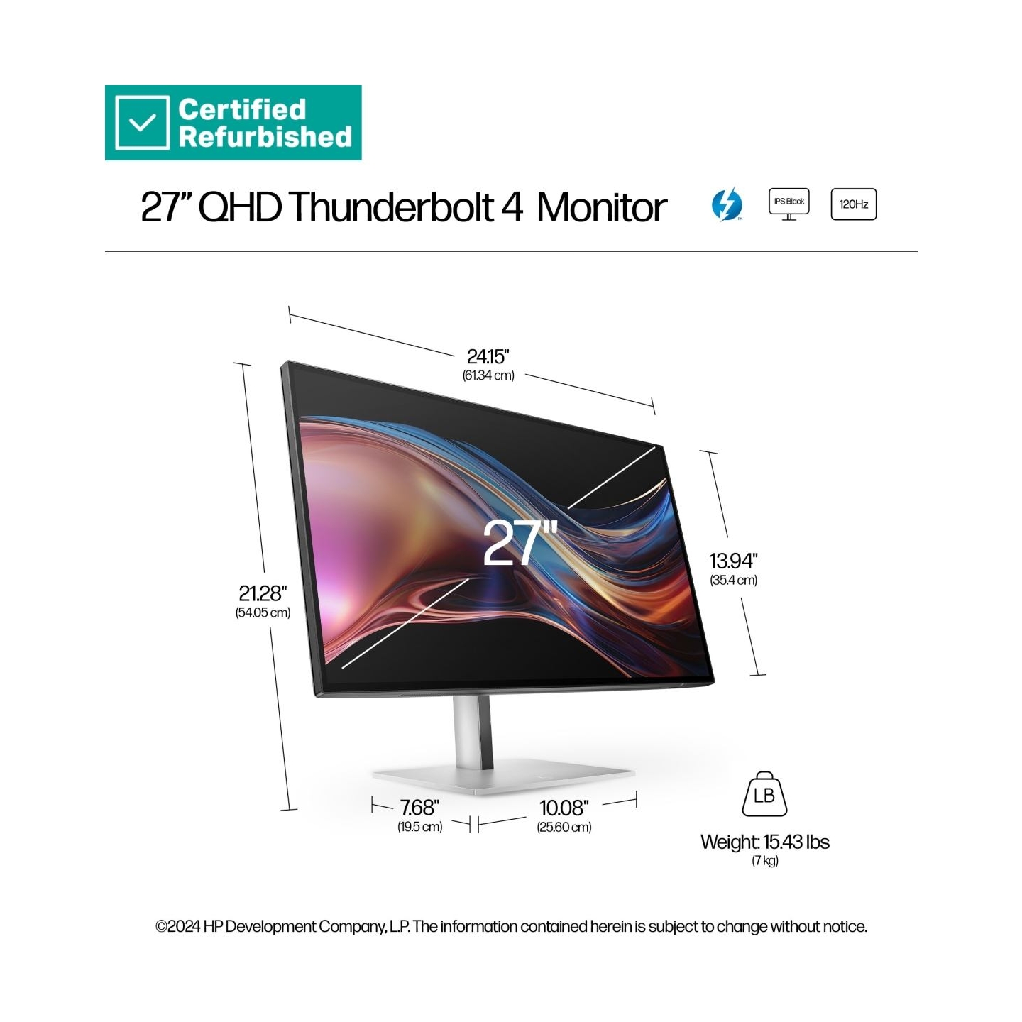 HP RENEW SILVER HP 727pu Series 7 Pro QHD TB4 Charging Monitor - 27" 2560x1440 QHD 400-nit 120Hz AG, IPS Black HDR 400, USB-C(10