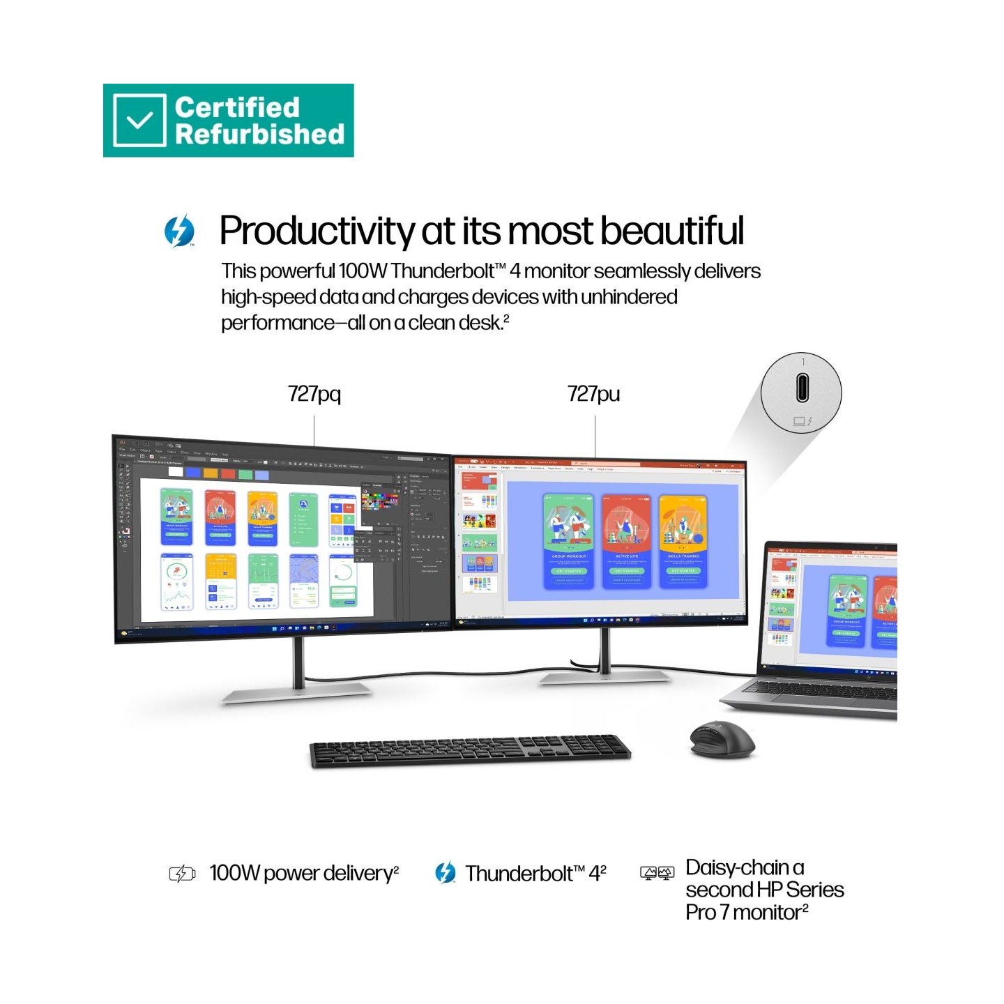 HP RENEW SILVER HP 727pu Series 7 Pro QHD TB4 Charging Monitor - 27" 2560x1440 QHD 400-nit 120Hz AG, IPS Black HDR 400, USB-C(10