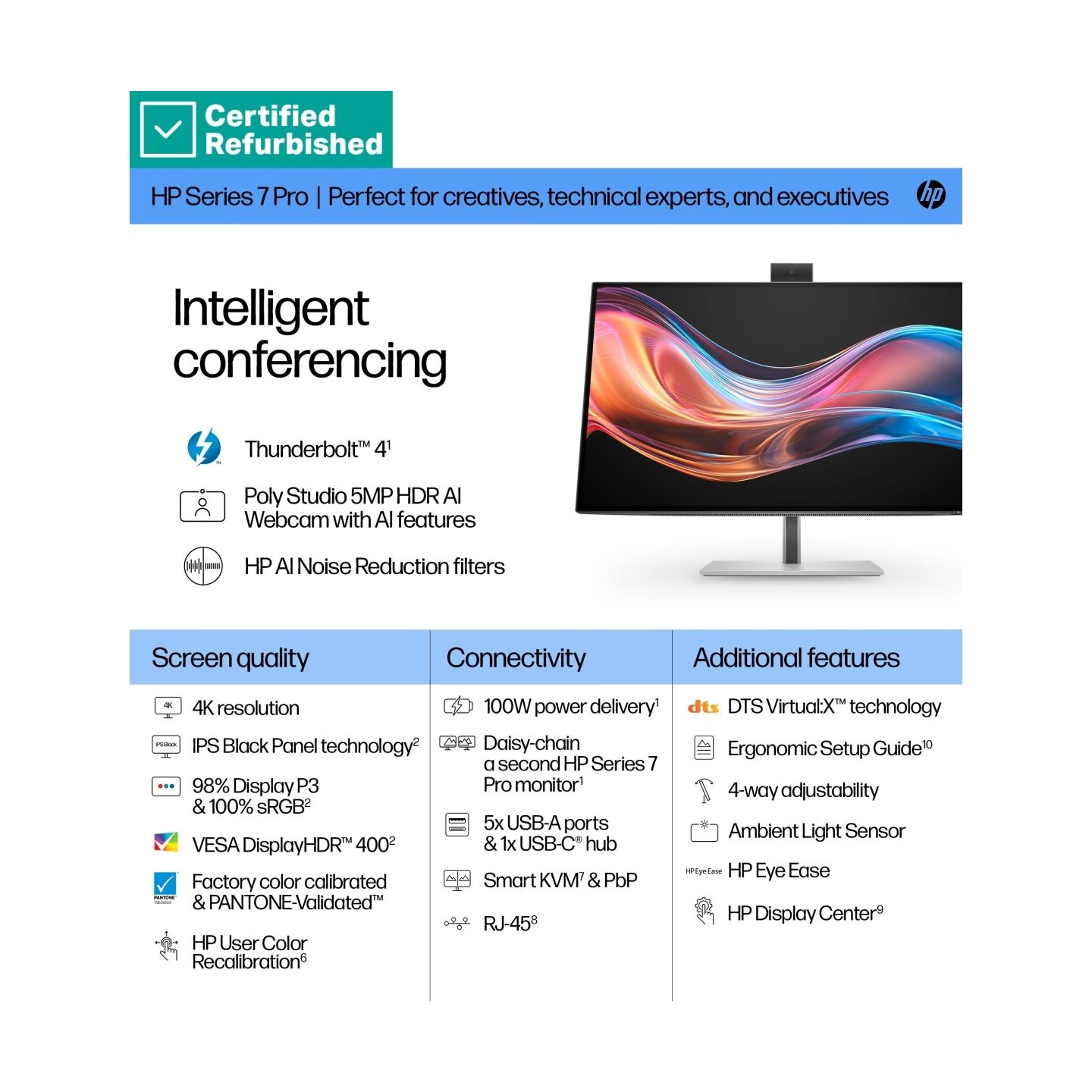 HP RENEW SILVER HP 727pm Series 7 Pro 4K Conferencing Monitor - 27" 3840x2160 UHD 400-nit 60Hz AG, IPS Black HDR 400, USB-C(100W