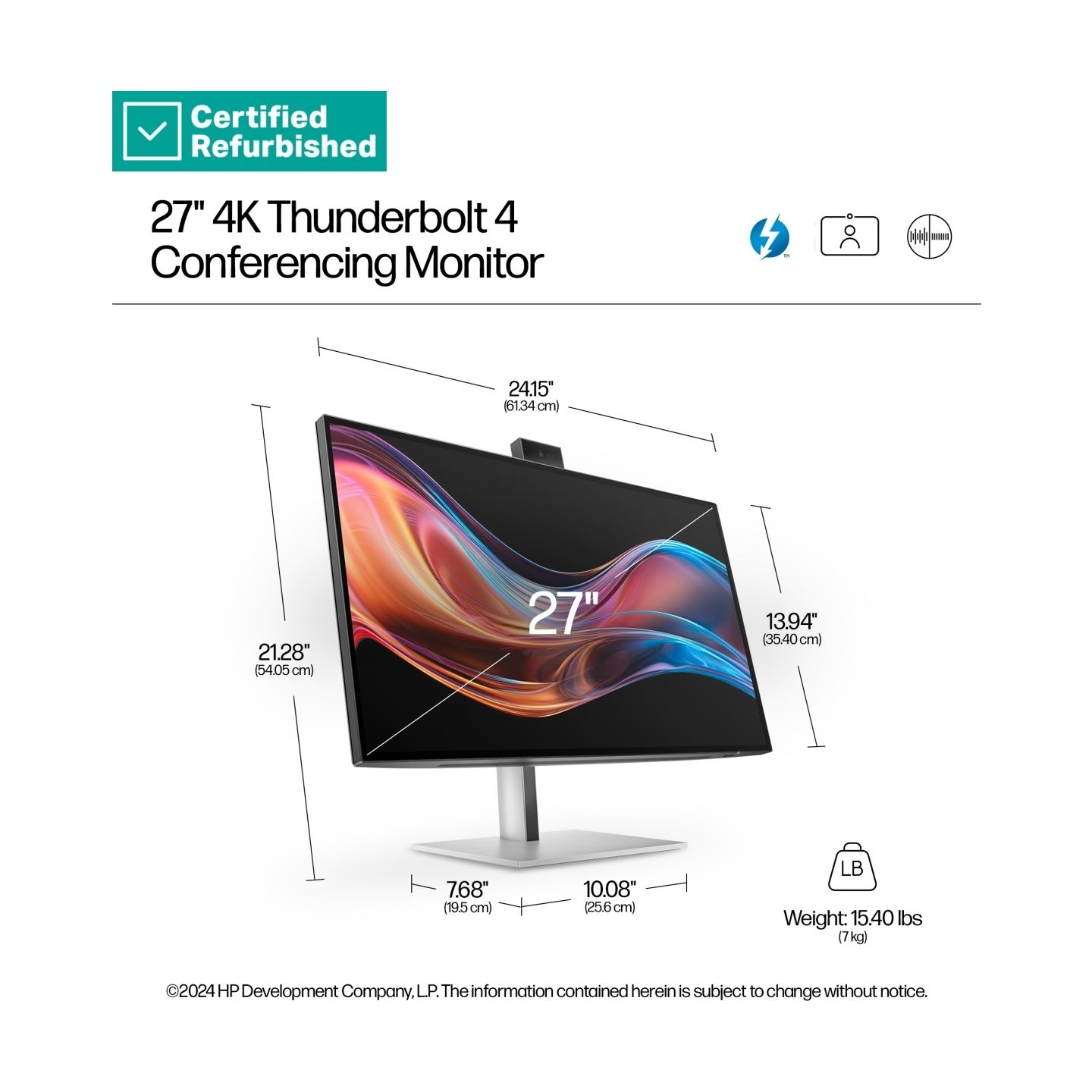 HP RENEW SILVER HP 727pm Series 7 Pro 4K Conferencing Monitor - 27" 3840x2160 UHD 400-nit 60Hz AG, IPS Black HDR 400, USB-C(100W