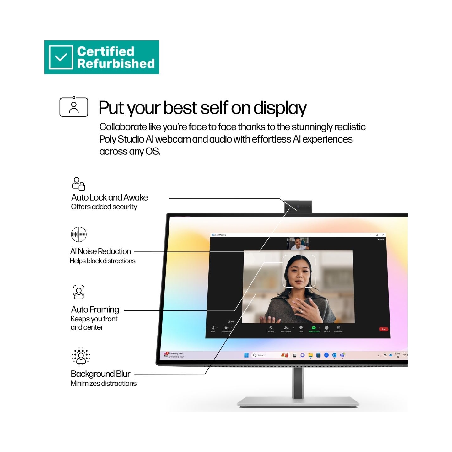 HP RENEW SILVER HP 727pm Series 7 Pro 4K Conferencing Monitor - 27" 3840x2160 UHD 400-nit 60Hz AG, IPS Black HDR 400, USB-C(100W