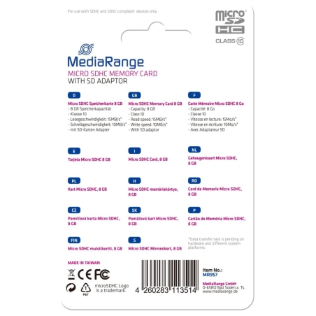 Mediarange MEMORY MICRO SDHC 8GB C10/W/ADAPTER MR957 MEDIARANGE