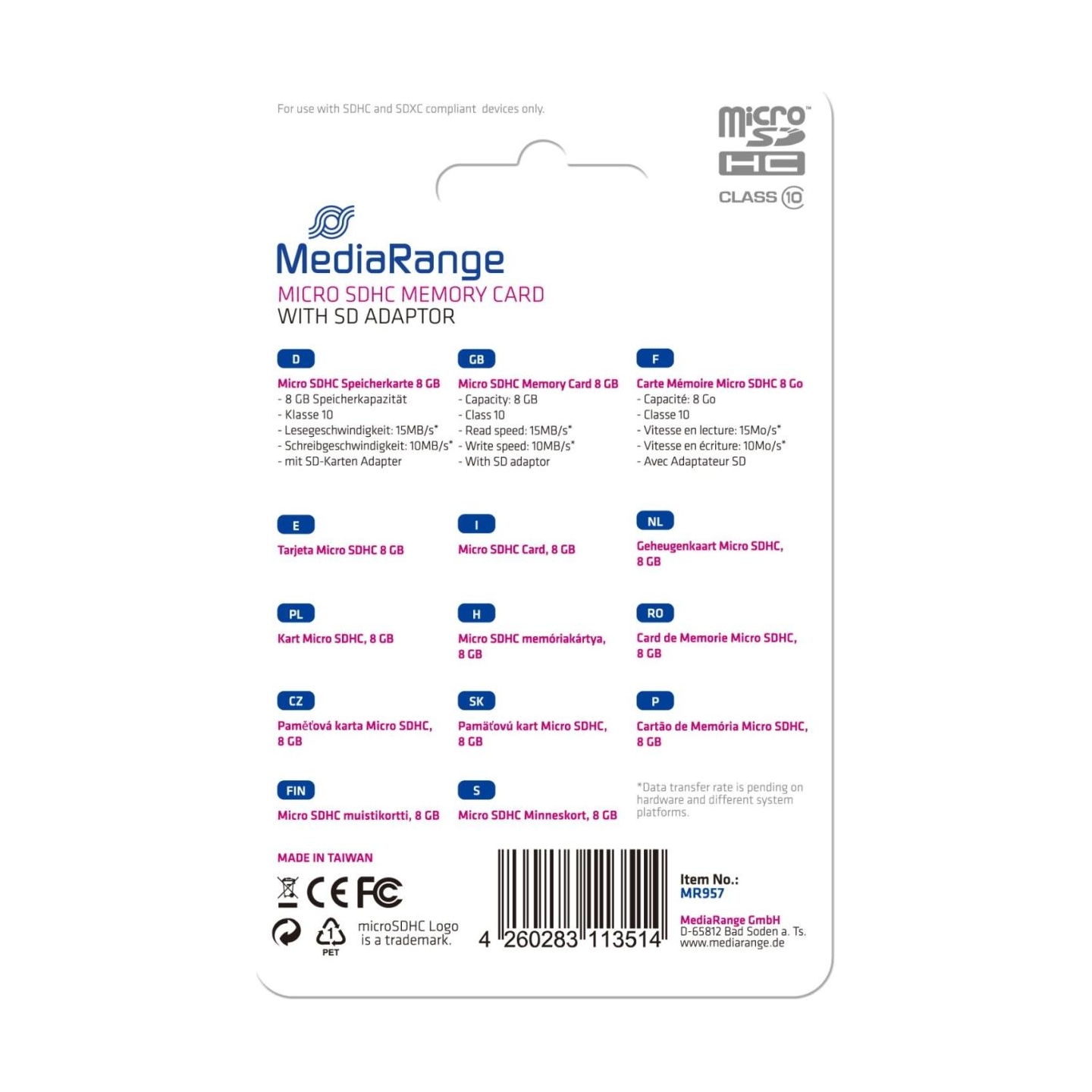 Mediarange MEMORY MICRO SDHC 8GB C10/W/ADAPTER MR957 MEDIARANGE