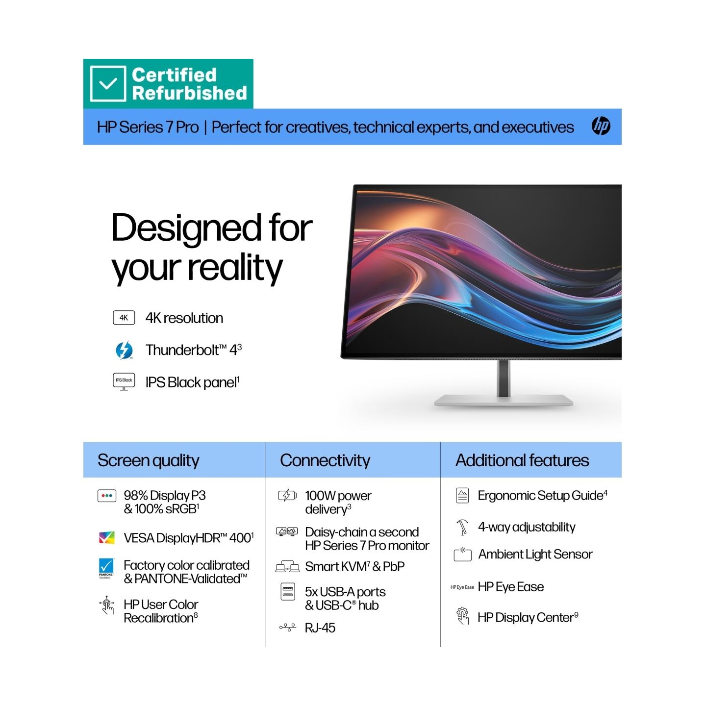 HP RENEW SILVER HP 727pk Series 7 Pro 4K Charging Monitor - 27" 3840x2160 UHD 400-nit 60Hz AG, IPS Black HDR 400, USB-C(100W)/US