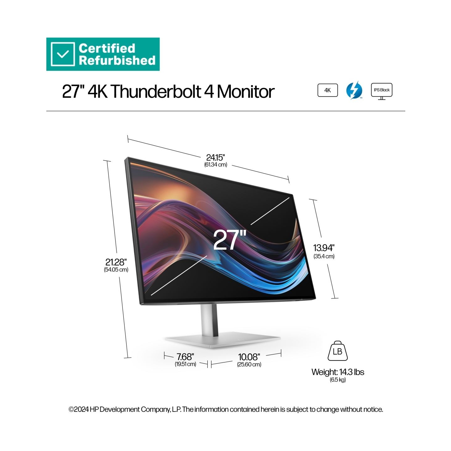 HP RENEW SILVER HP 727pk Series 7 Pro 4K Charging Monitor - 27" 3840x2160 UHD 400-nit 60Hz AG, IPS Black HDR 400, USB-C(100W)/US