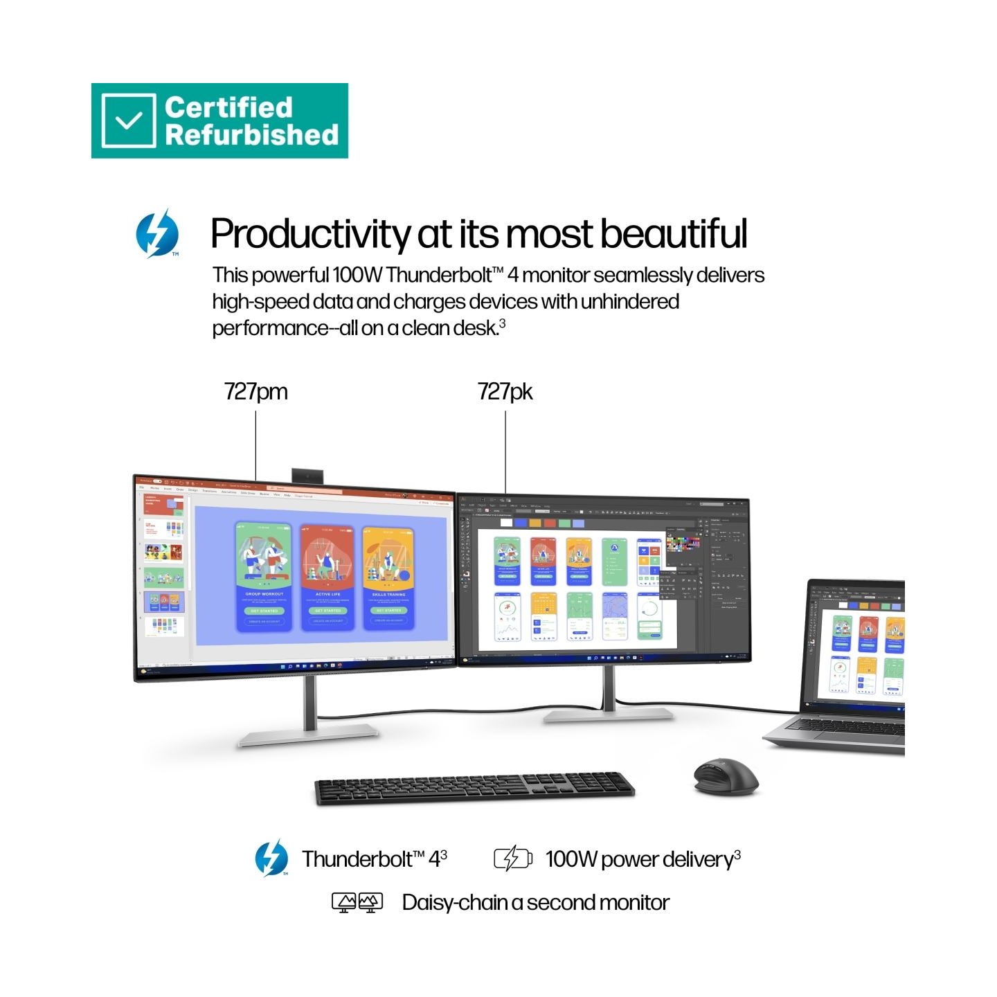 HP RENEW SILVER HP 727pk Series 7 Pro 4K Charging Monitor - 27" 3840x2160 UHD 400-nit 60Hz AG, IPS Black HDR 400, USB-C(100W)/US