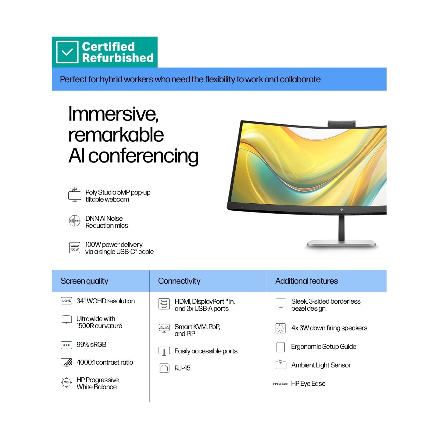 HP RENEW SILVER HP 534pm Series 5 Pro Curved Conferencing Monitor - 34" 3440x1440 WQHD 400-nit 100Hz AG, Curved, VA, USB-C(100W)