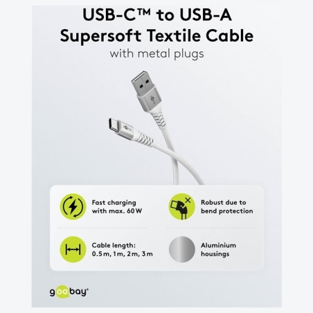 Goobay | USB-C to USB-A Supersoft Textile Cable with Metal Plugs | 74530