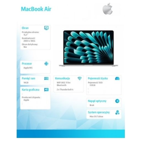 Apple MacBook Air 15.3-inch: M5 10/10, 16GB, 512GB SSD, without power supply - Silver