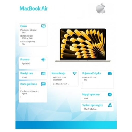 Apple MacBook Air 13.6-inch: M5 10/10, 16GB, 1TB SSD, without power supply - Starlight