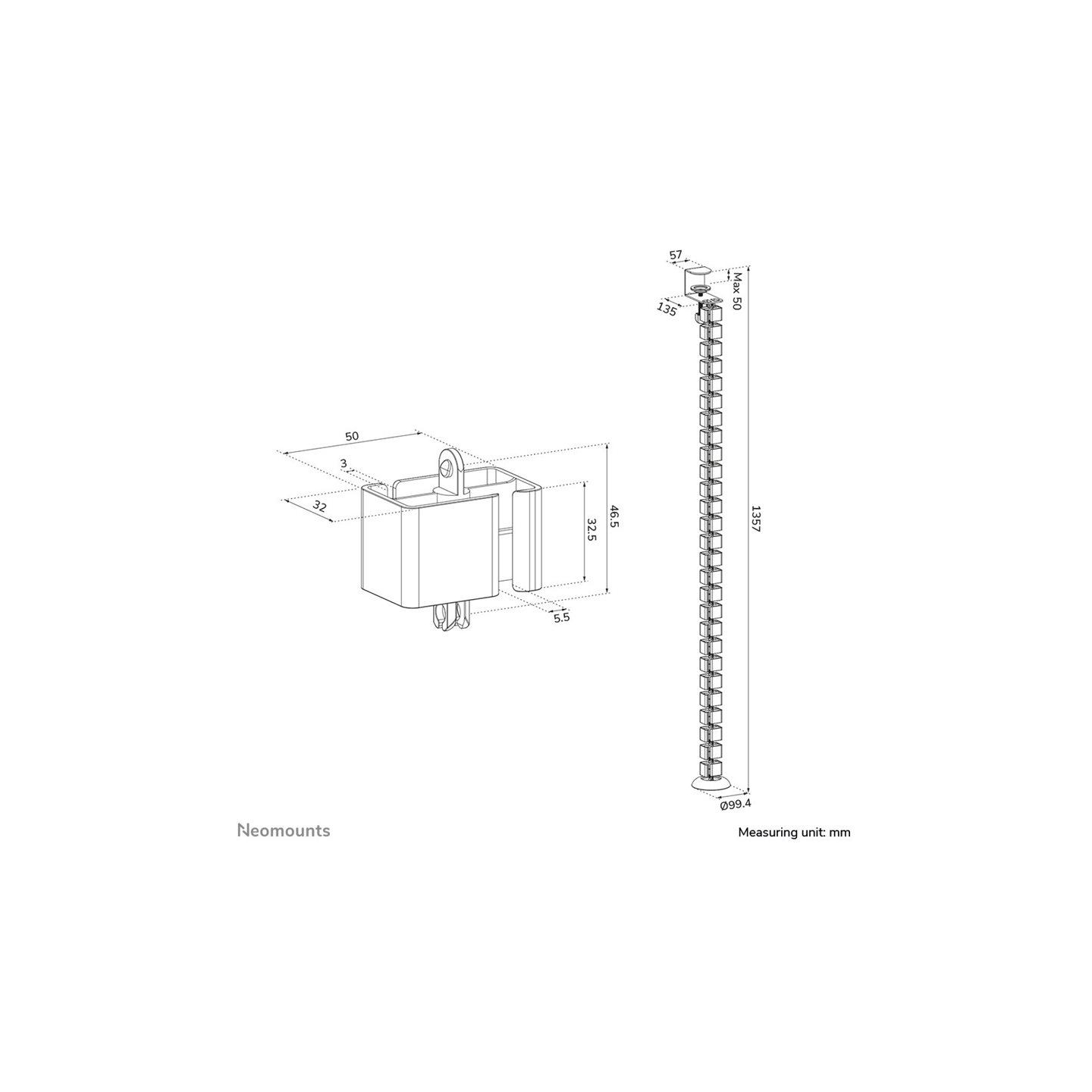 Neomounts CABLE SPINE ORGANIZER FOR SIT/STAND DESK FRAMES, CLAMP MOUNTED, WHITE