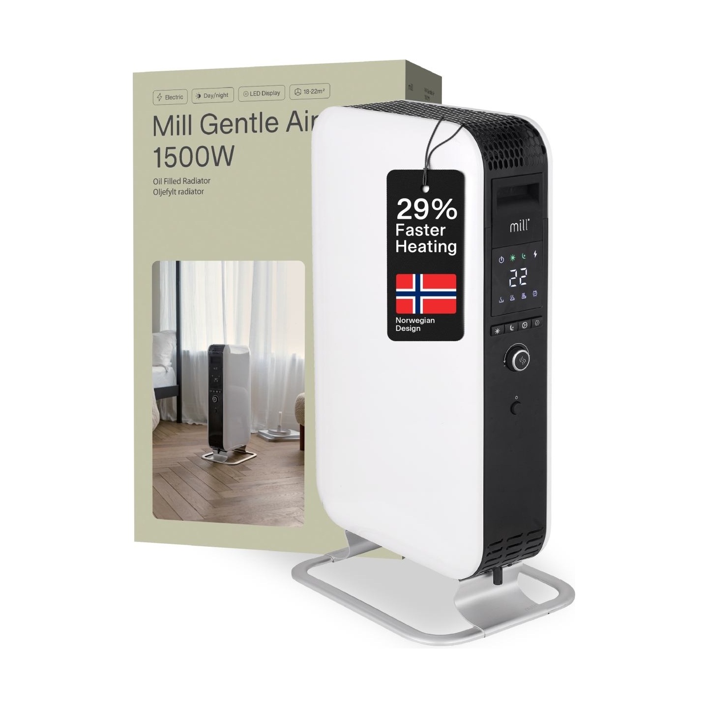 Mill | Heater | AB-H1500DN | Oil Filled Radiator | 1500 W | Number of power levels 3 | Suitable for rooms up to 16-24 m² | White