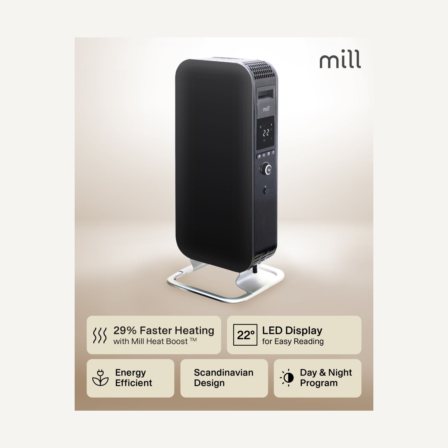Mill | Heater | AB-H1000DN | Oil Filled Radiator | 1000 W | Number of power levels 3 | Suitable for rooms up to 12-16 m² | Black