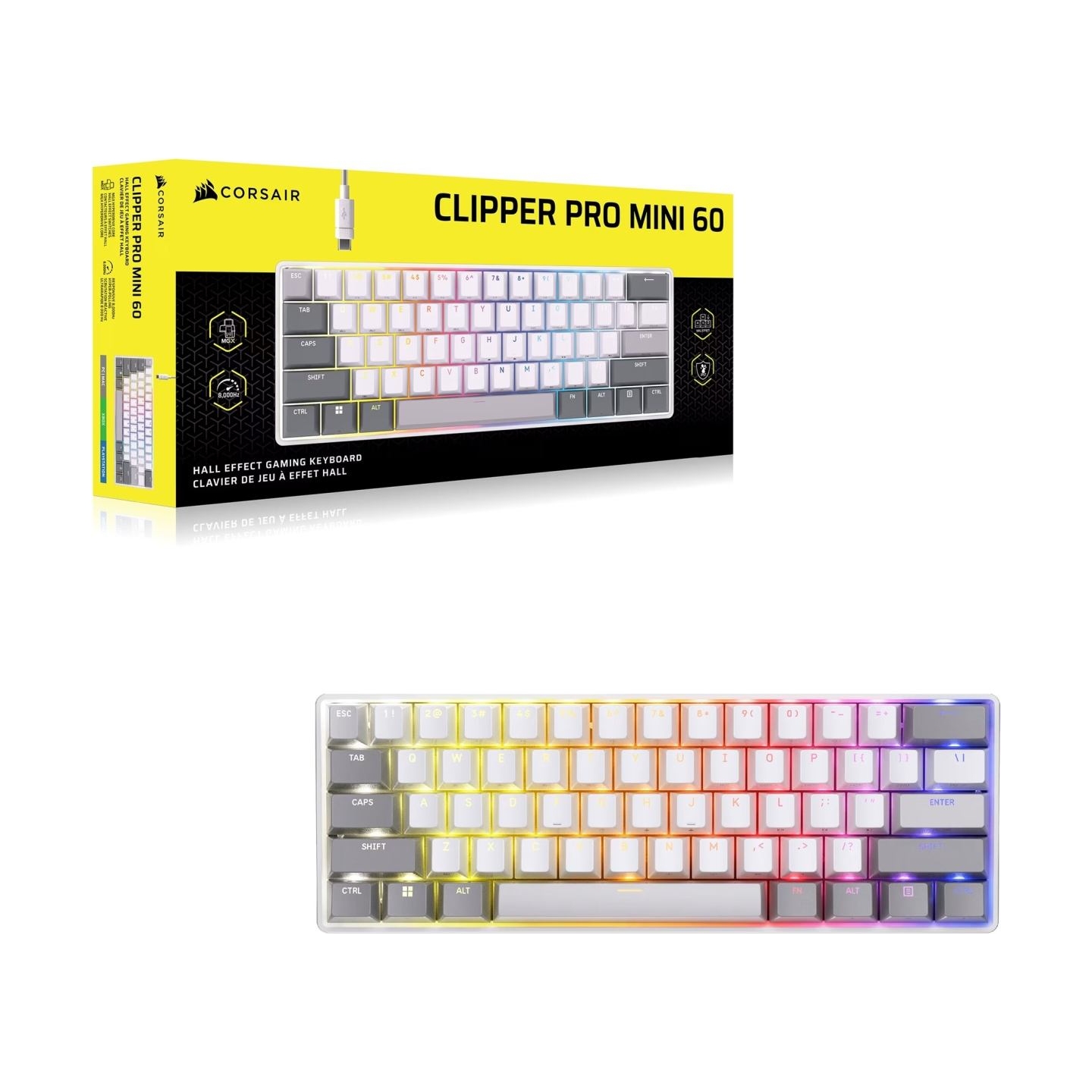 Corsair CLIPPER PRO MINI 60 Hall Effect Gaming Keyboard, Backlit RGB LED, CORSAIR MGX Core, White , PBT DS Keycaps