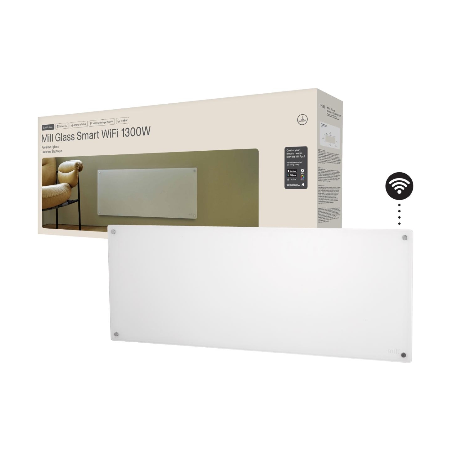 Mill Glass Smart WiFi Panel Heater Gen. 4 | GL1300WIFI4 | Panel Heater | 1300 W | Suitable for rooms up to 15-19 m² | White