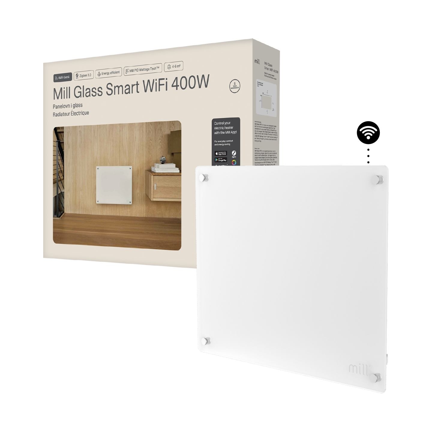 Mill Glass Smart WiFi Panel Heater Gen. 4 | GL400WIFI4 | Panel Heater | 400 W | Suitable for rooms up to 4-6 m² | White | IPX4