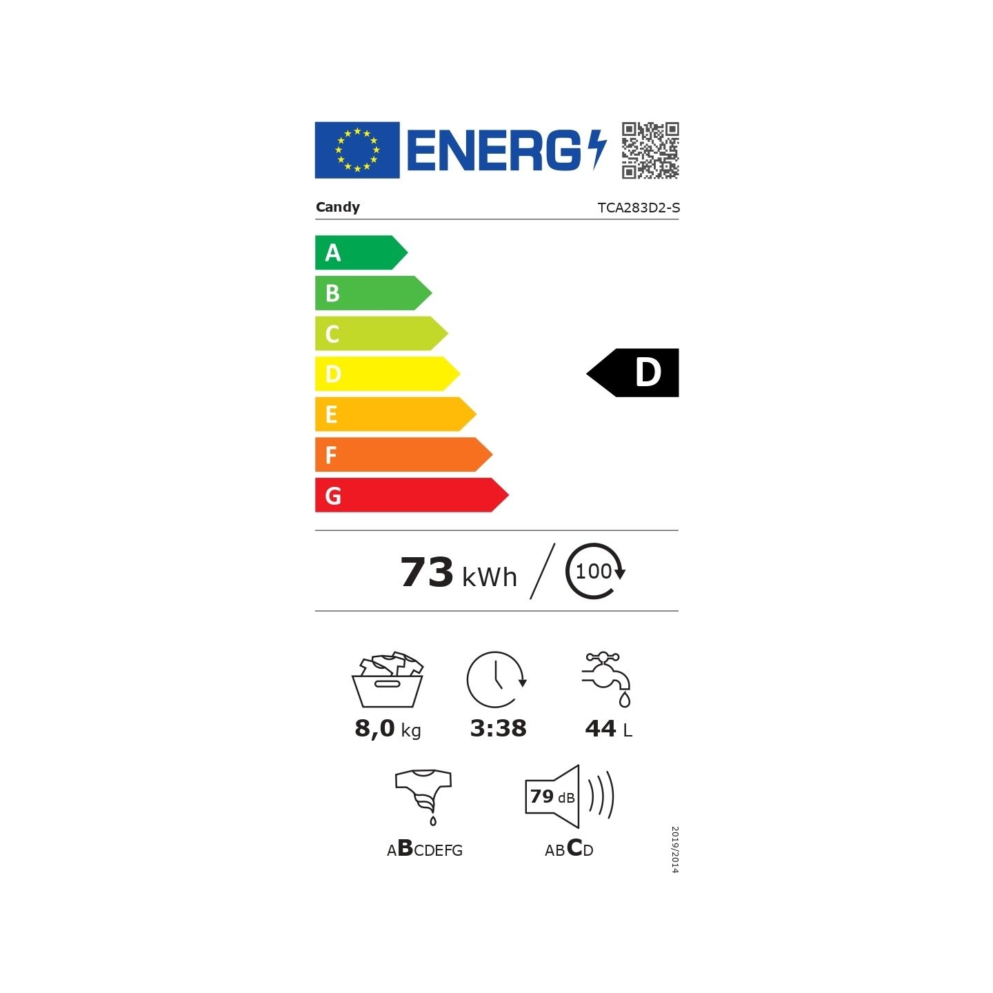 Candy | Washing Machine | TCA283D2-S | Energy efficiency class D | Top loading | Washing capacity 8 kg | 1200 RPM | Depth 60 cm 