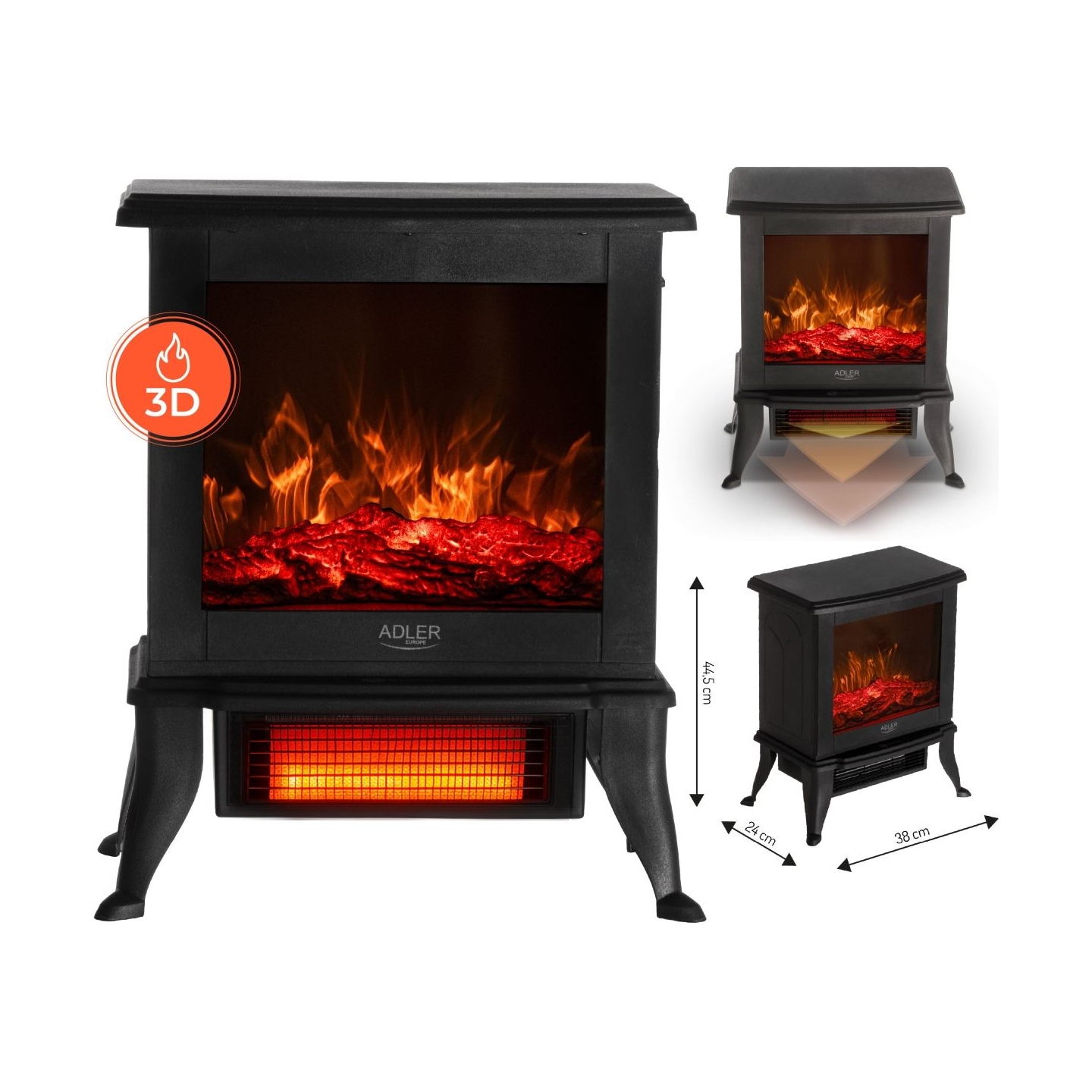 Adler Electric Fireplace | AD 7754 | Ceramic | 1800 W | Number of power levels 2 | Black