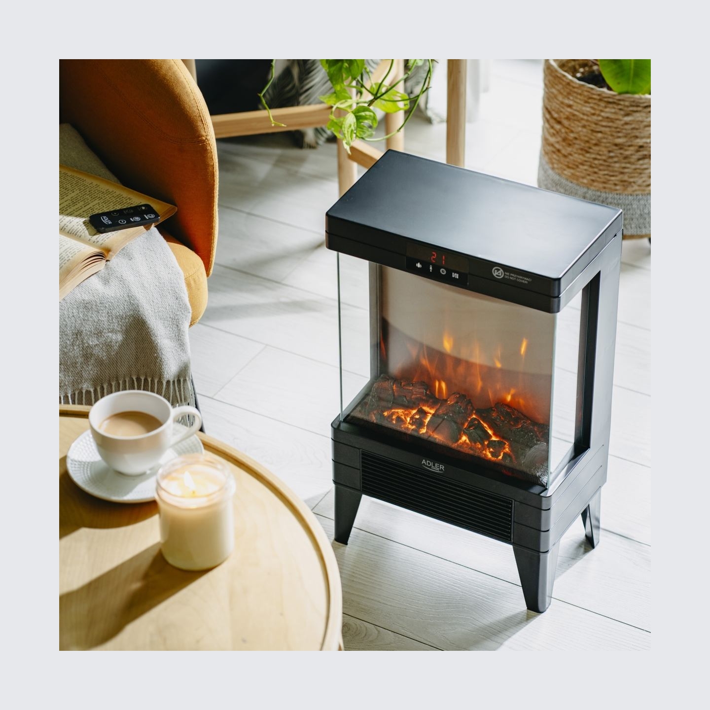 Adler LED electric fireplace with remote control | AD 7755 | Ceramic Heater | 2000 W | Number of power levels 2 | Black