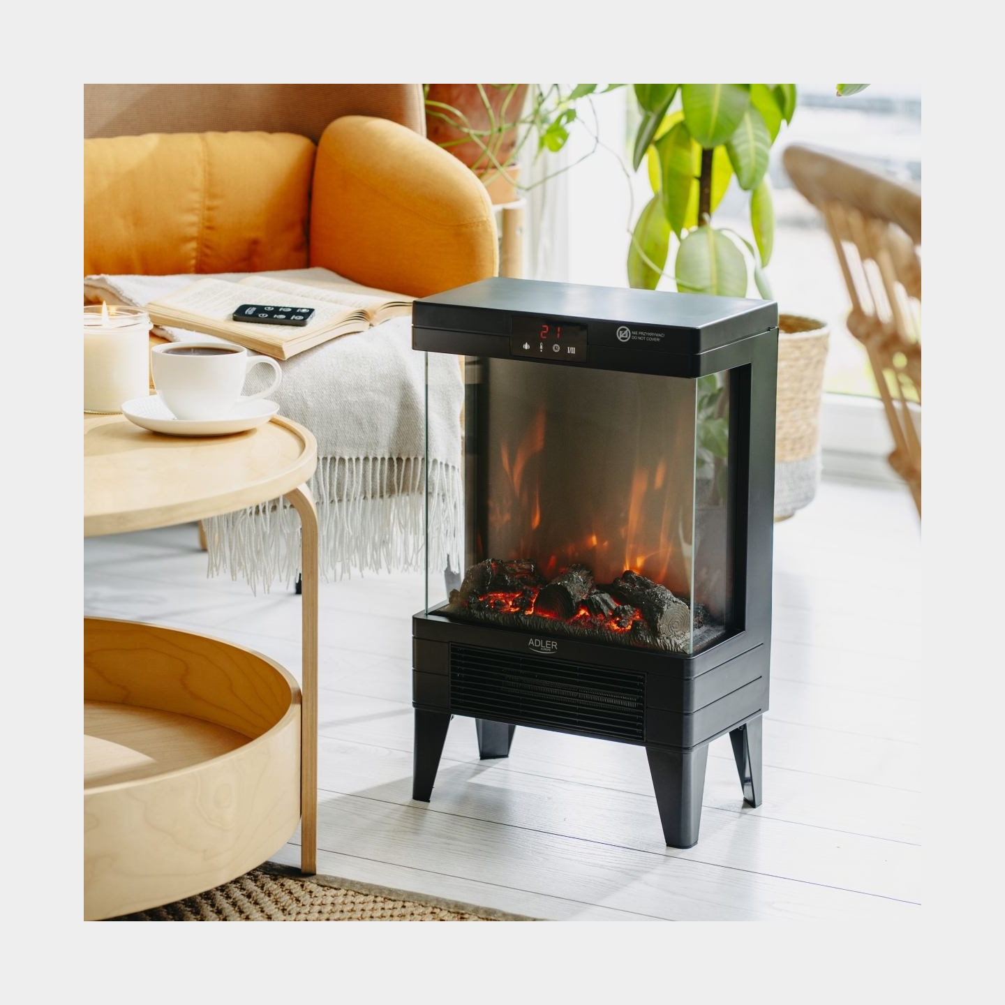 Adler LED electric fireplace with remote control | AD 7755 | Ceramic Heater | 2000 W | Number of power levels 2 | Black
