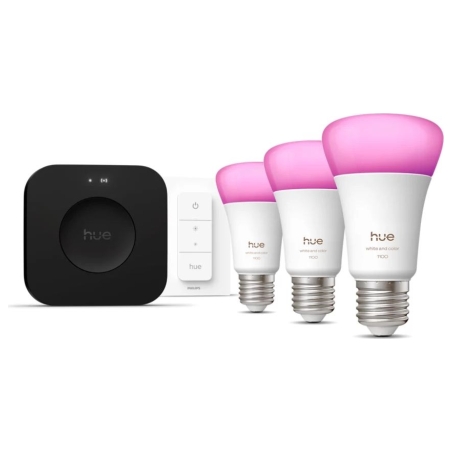 Philips Hue Starter set: 3 smart E27 bulbs, dimmer switch, Hue Bridge Pro | E27 | White and colored light