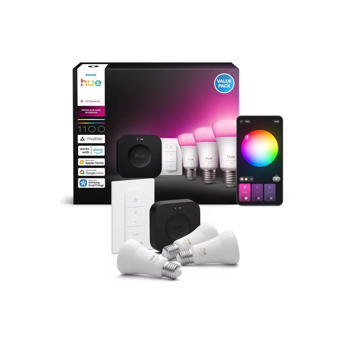 Philips Hue Starter set: 3 smart E27 bulbs, dimmer switch, Hue Bridge Pro | E27 | White and colored light