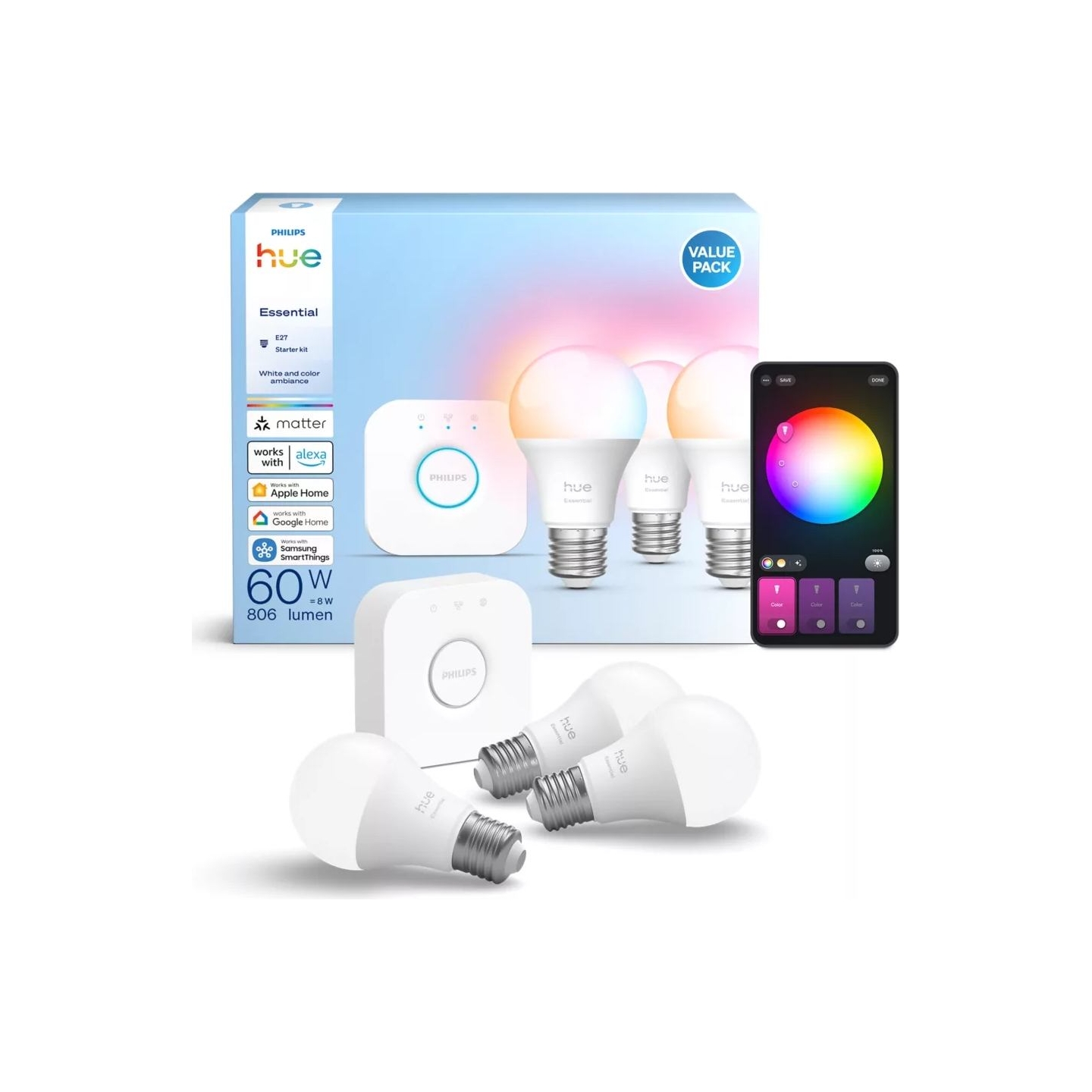 Philips Hue E WCA 806 A60 E27 3kit EU | E27 | 8 W | 16 million colours, White and colour light